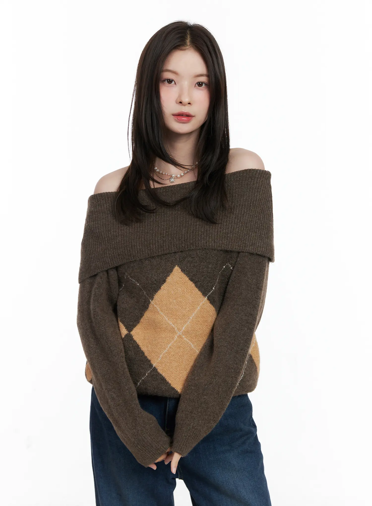 Argyle Off-Shoulder Knit Sweater CN518 - Image 11