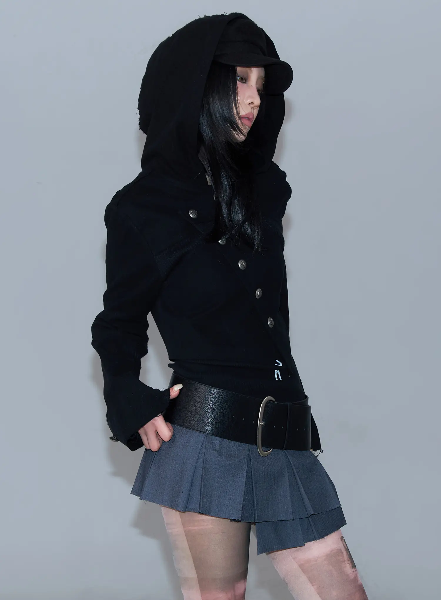 Asymmetric Button-Detail Hoodie CF527