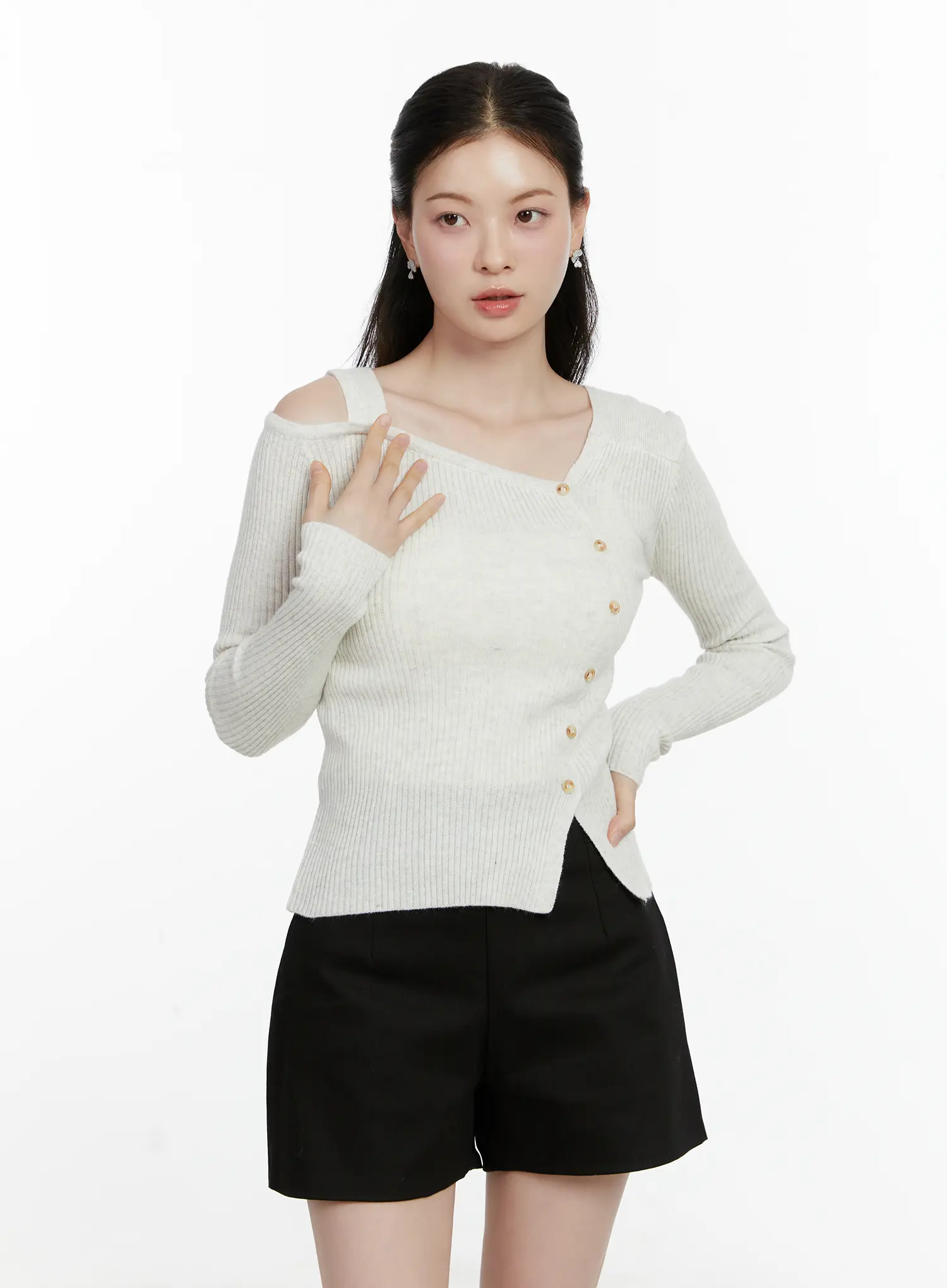 Asymmetric Button Long Sleeve Knit Top F502 - Image 2