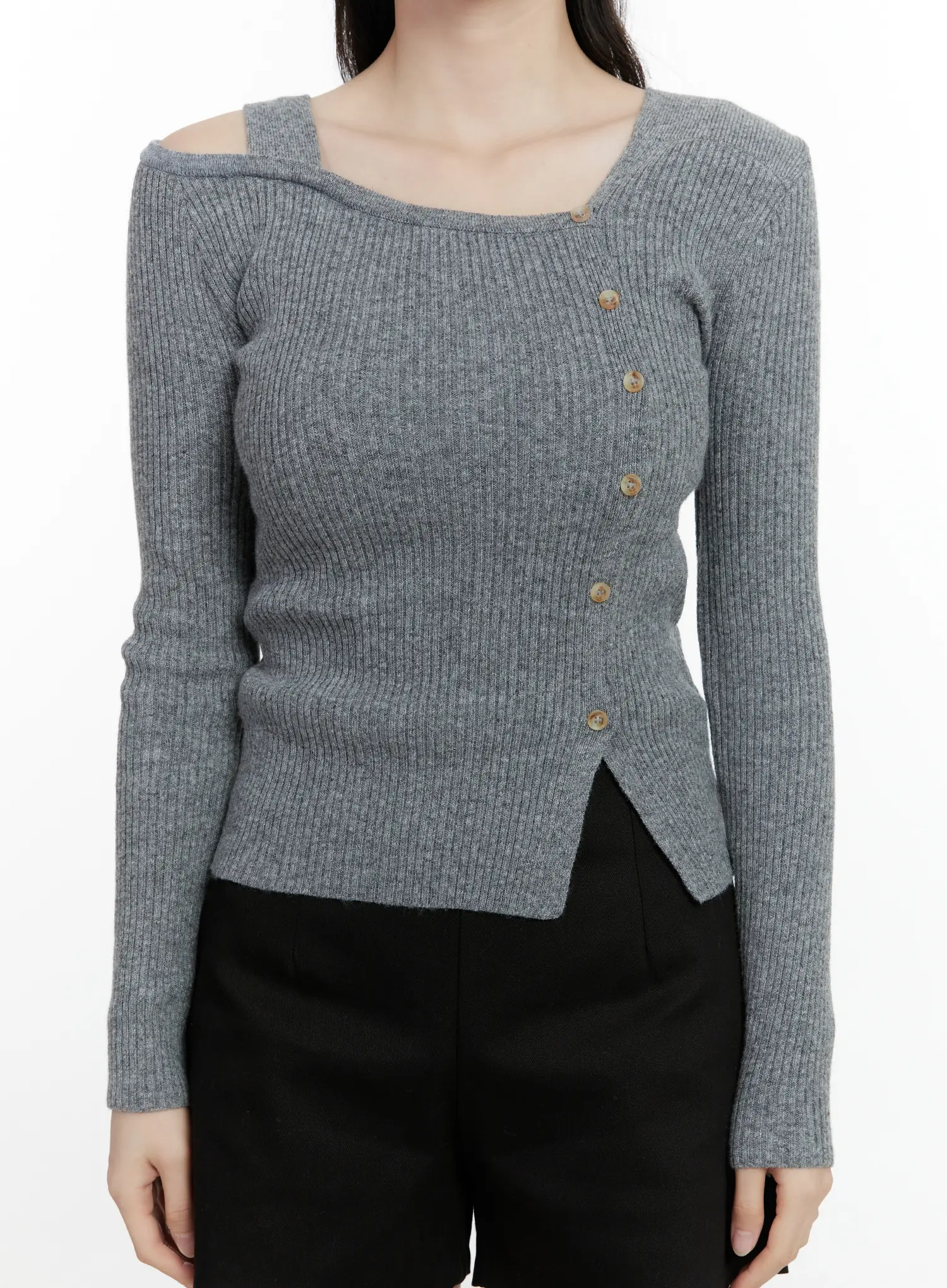 Asymmetric Button Long Sleeve Knit Top F502 - Image 4