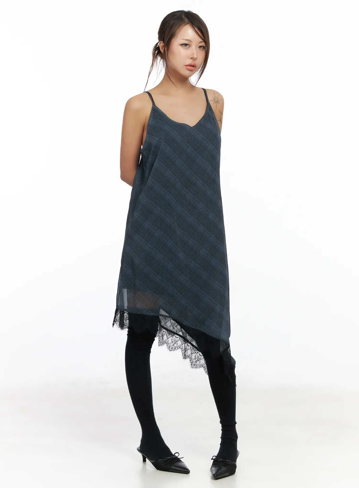 Asymmetric Lace-Trim Plaid Midi Dress CF511 - Image 3