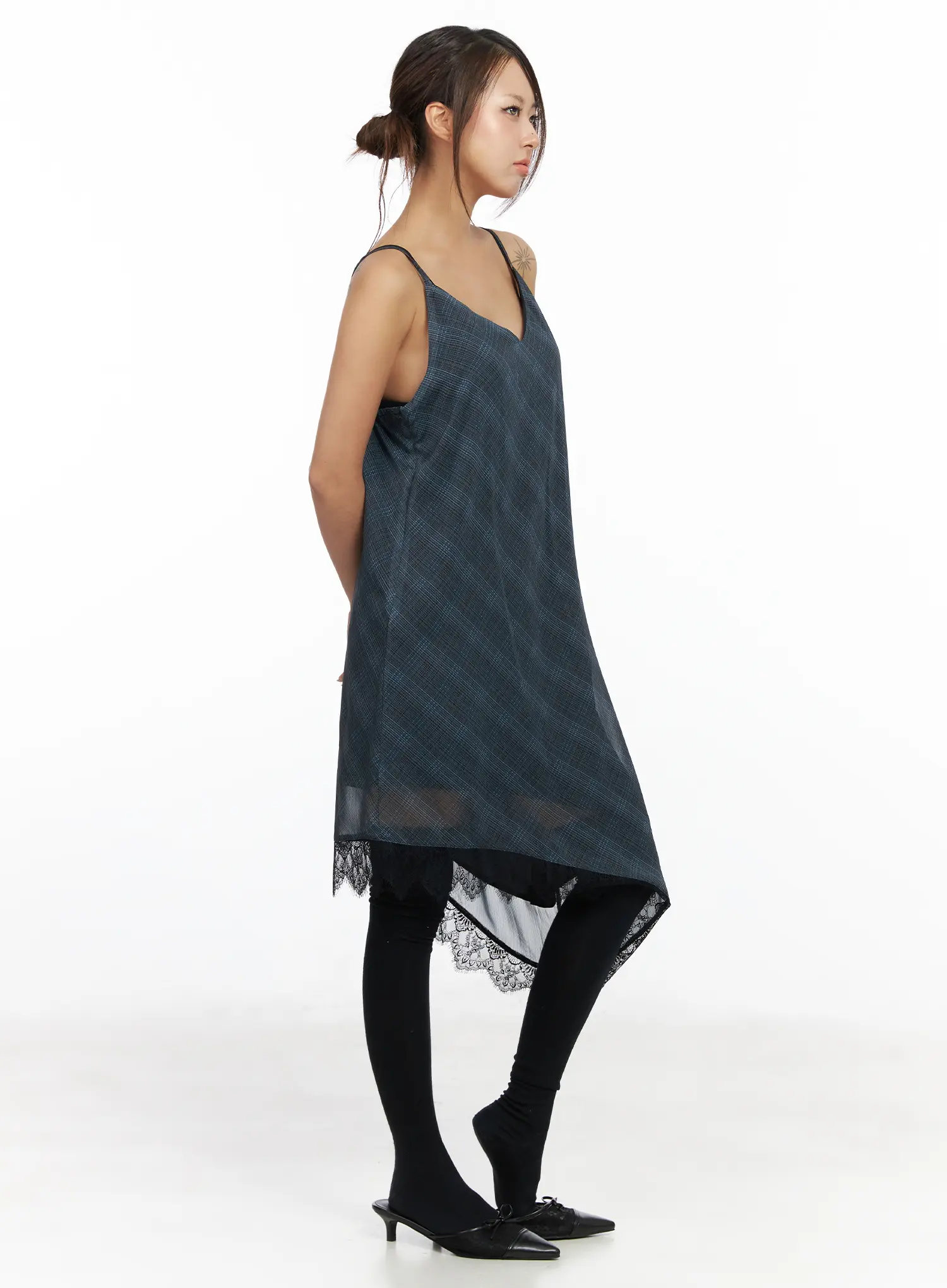 Asymmetric Lace-Trim Plaid Midi Dress CF511 - Image 7