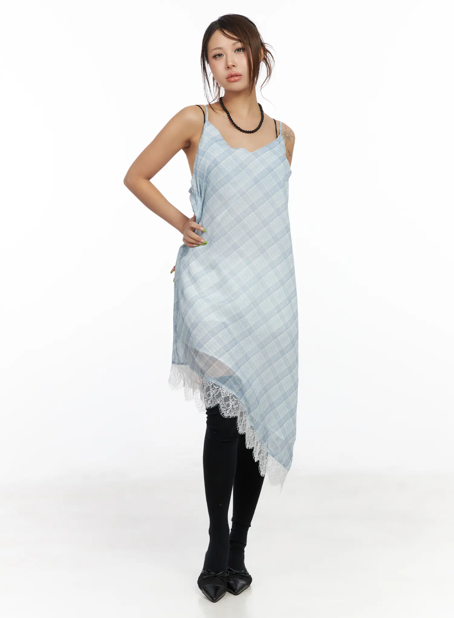 Asymmetric Lace-Trim Plaid Midi Dress CF511 - Image 8