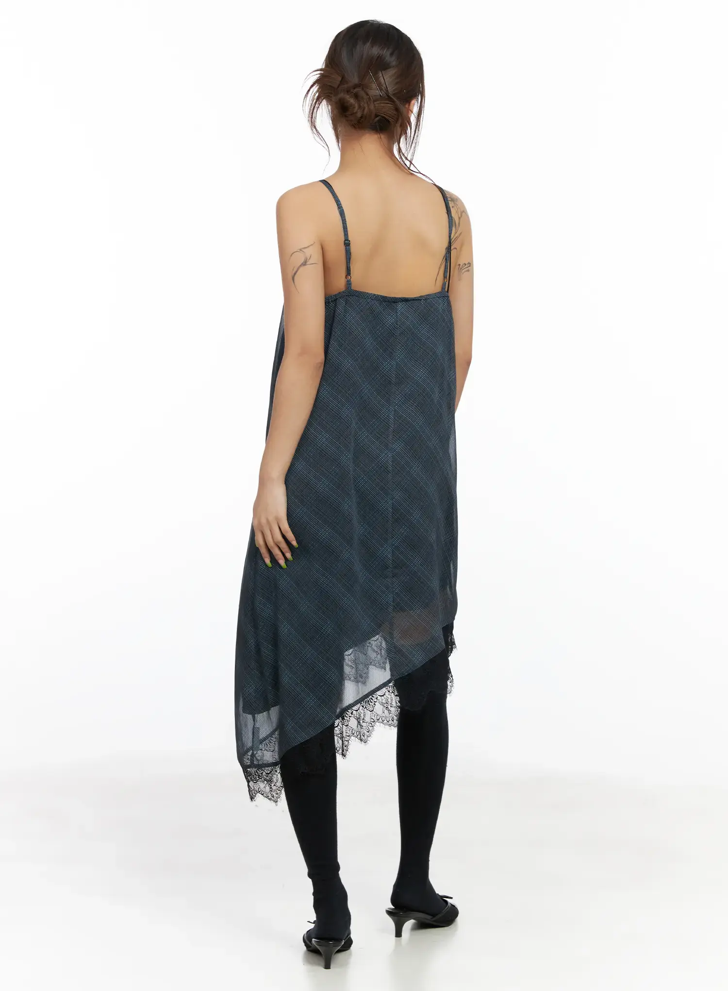 Asymmetric Lace-Trim Plaid Midi Dress CF511 - Image 9
