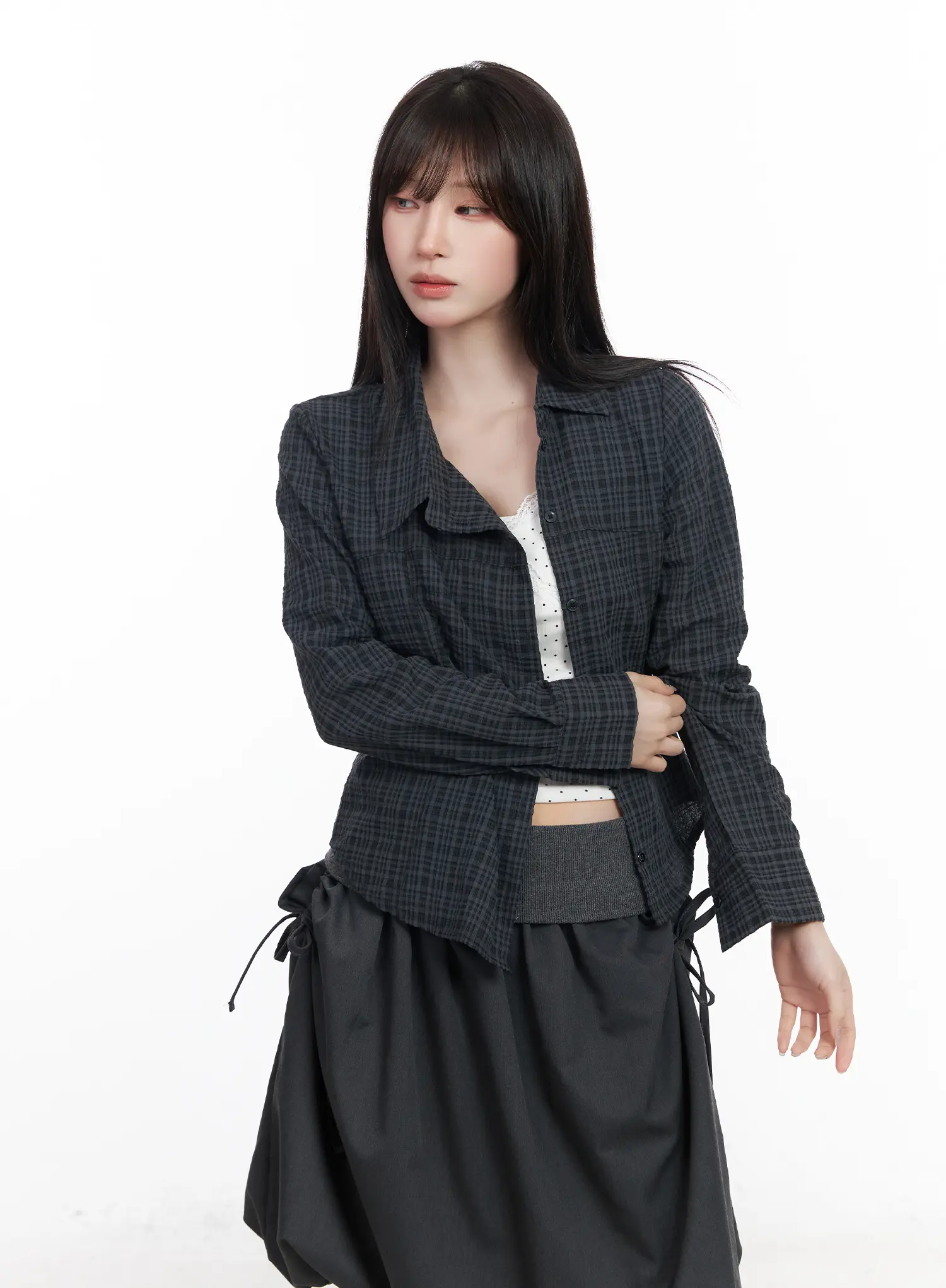 Asymmetric Plaid Long Sleeve Shirt CF523 - Image 9