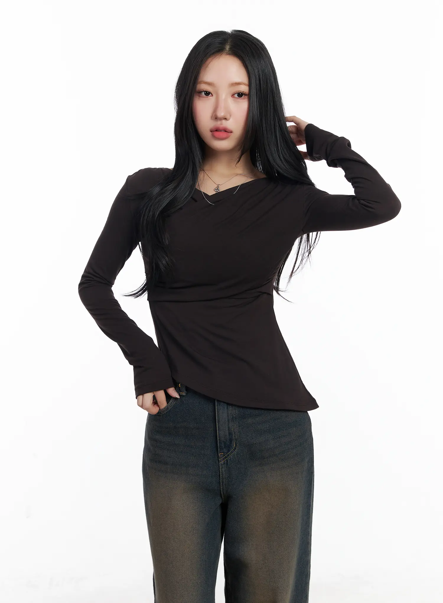 Asymmetric Ruched Long Sleeve Top CJ514 - Image 2