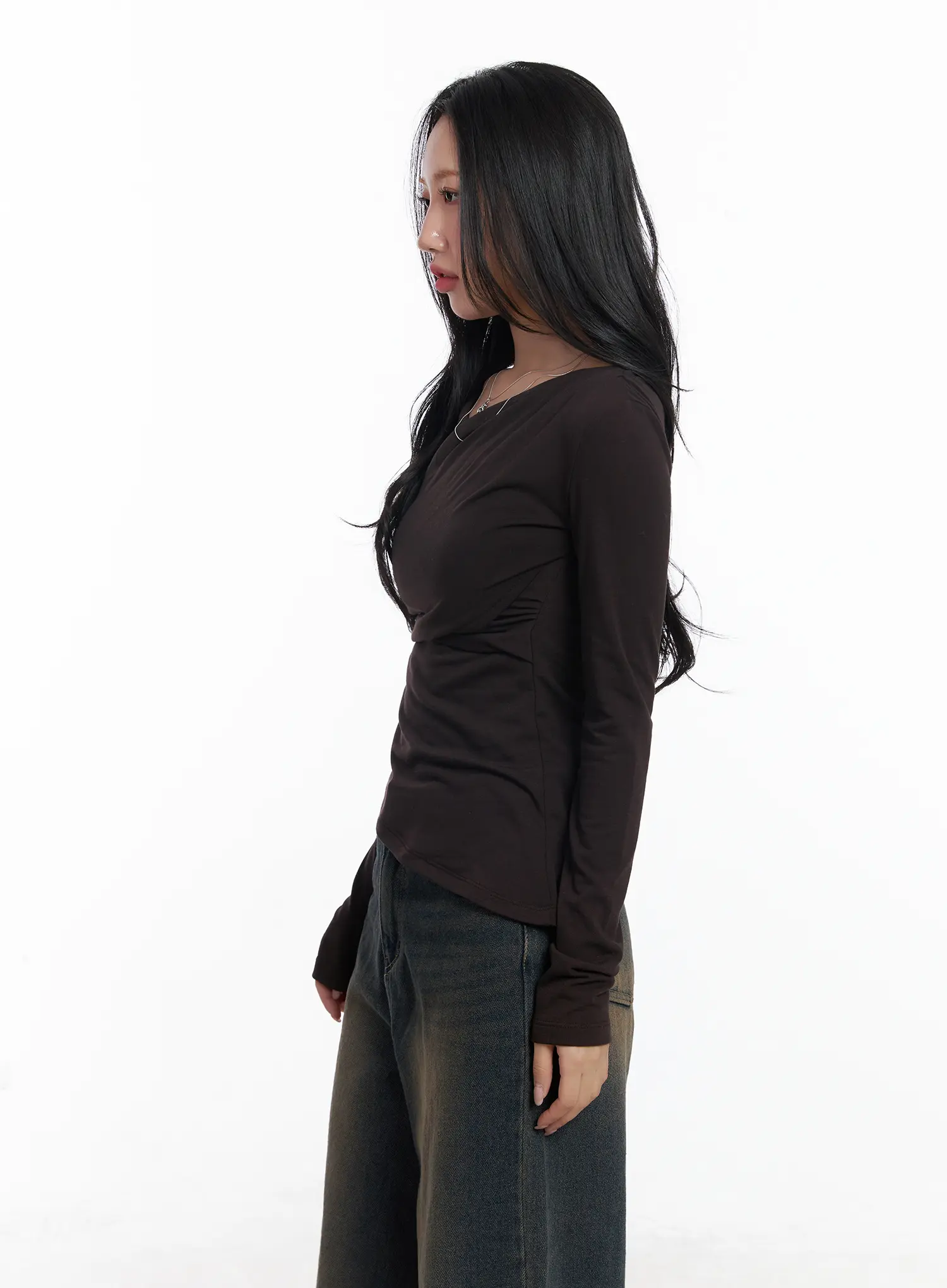 Asymmetric Ruched Long Sleeve Top CJ514 - Image 5