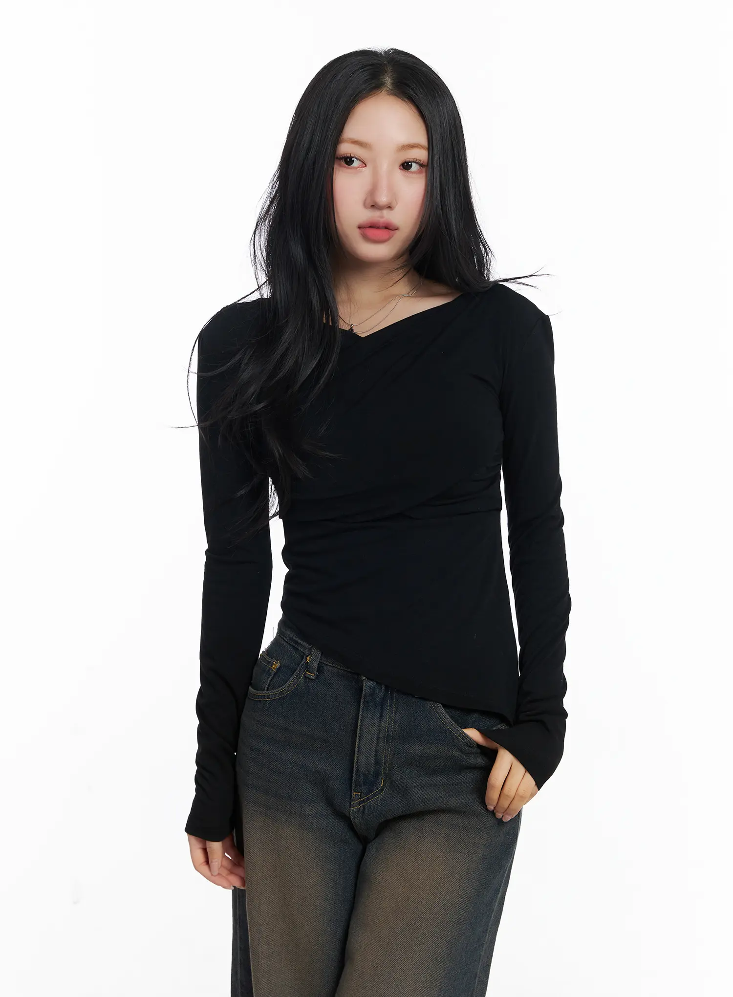 Asymmetric Ruched Long Sleeve Top CJ514 - Image 8