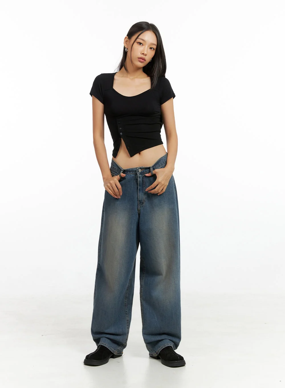 Asymmetrical Buttoned Square Neck Crop Top IG405 - Image 2