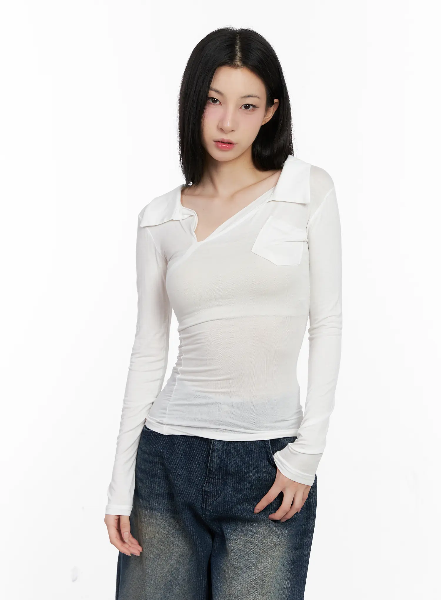 Asymmetrical Collar Slim Fit Long Sleeve Top CG526 - Image 5
