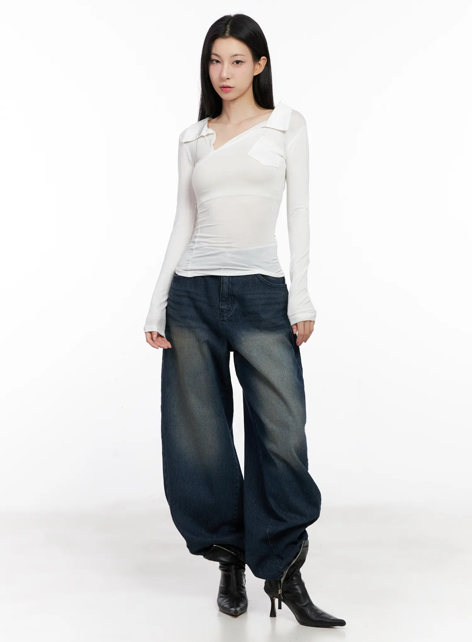 Asymmetrical Collar Slim Fit Long Sleeve Top CG526 - Image 7