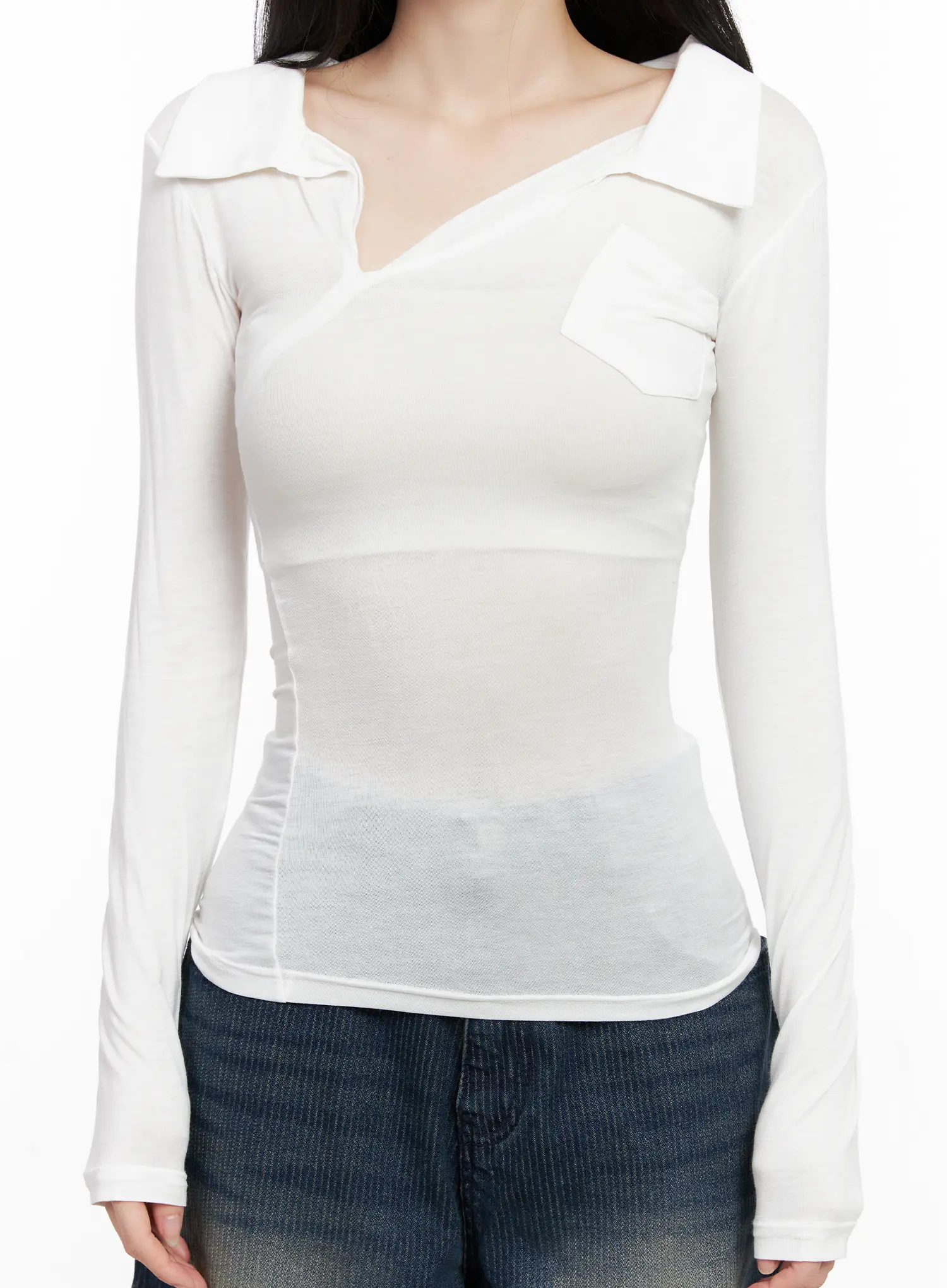 Asymmetrical Collar Slim Fit Long Sleeve Top CG526 - Image 9
