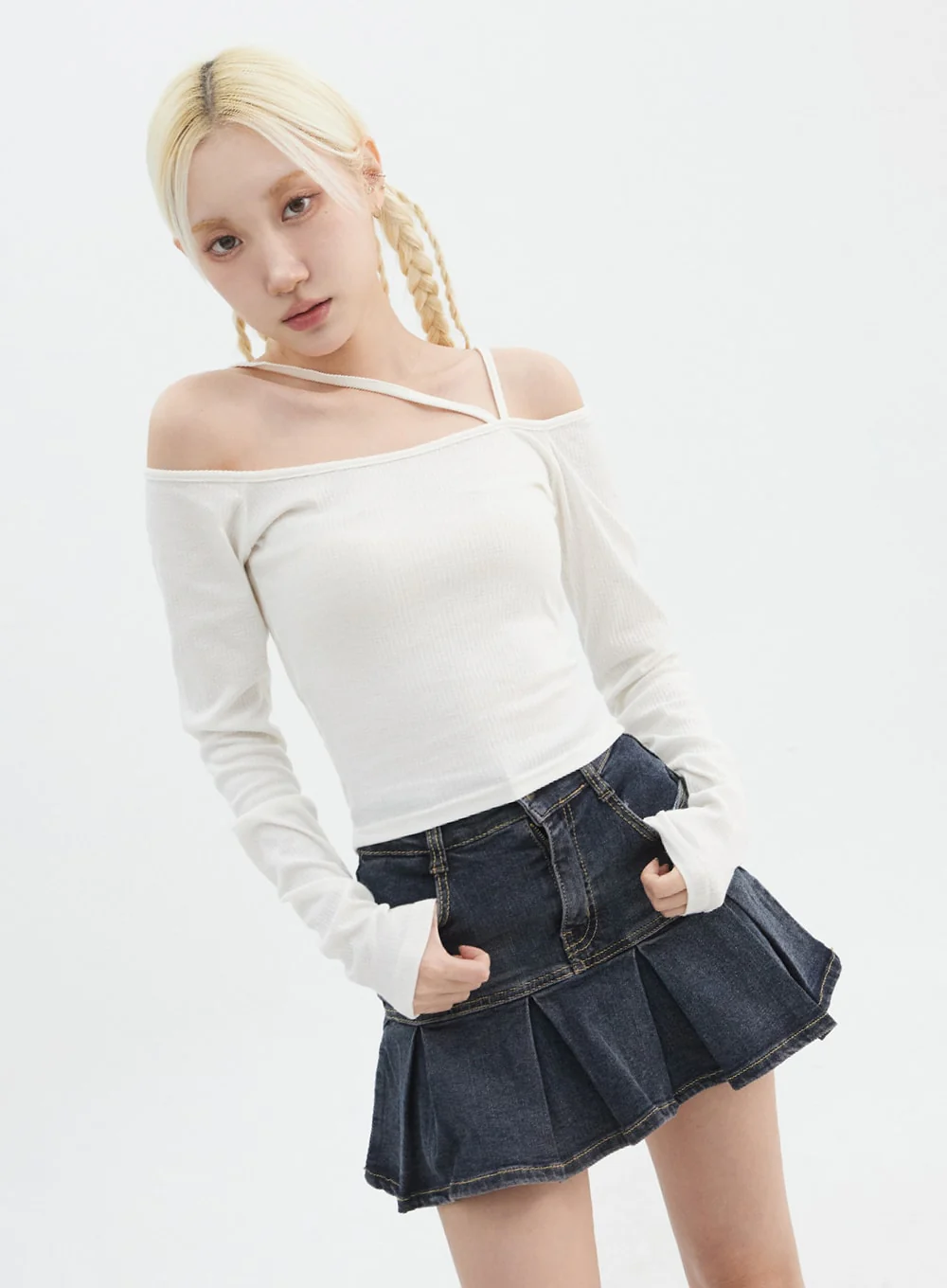 Asymmetrical Neck Off Shoulder Crop Tee IN327 - Image 4