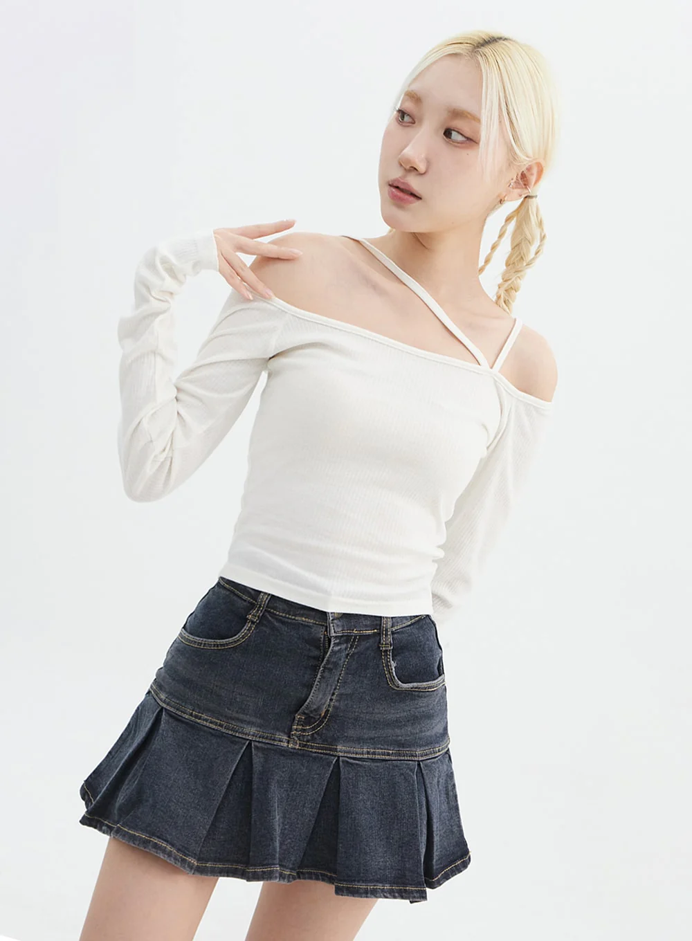 Asymmetrical Neck Off Shoulder Crop Tee IN327 - Image 5