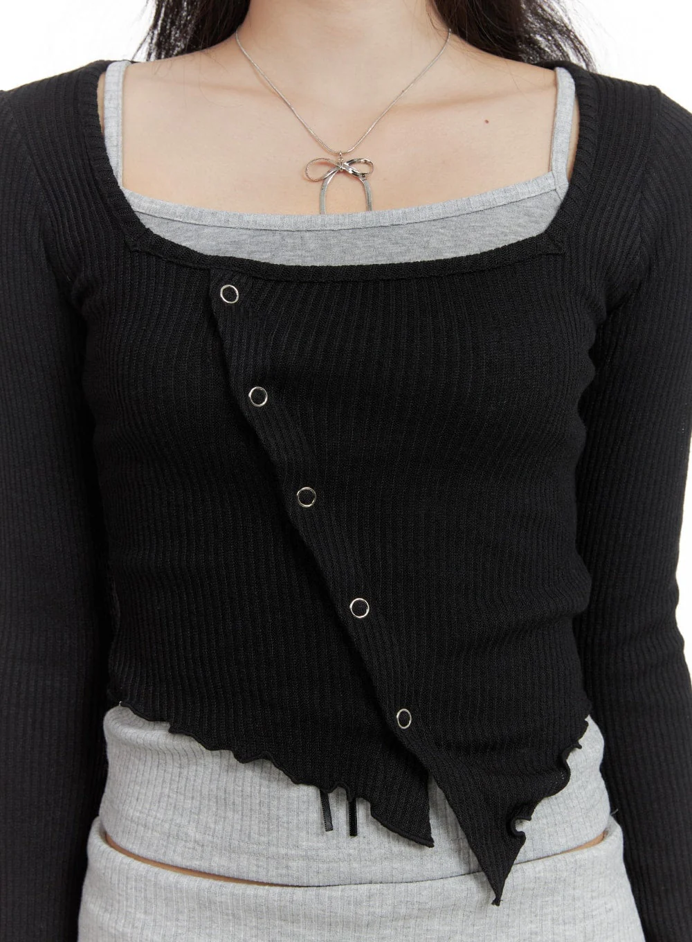 Asymmetrical Neck Solid Button Long Sleeve Top CA402 - Image 2
