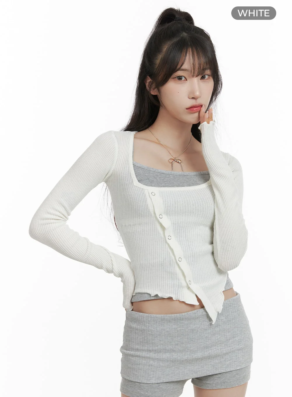 Asymmetrical Neck Solid Button Long Sleeve Top CA402 - Image 8