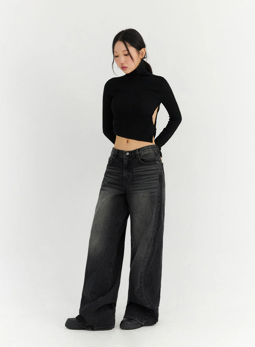 Back Slit Washed Wide Leg Jeans CN306 - Image 3
