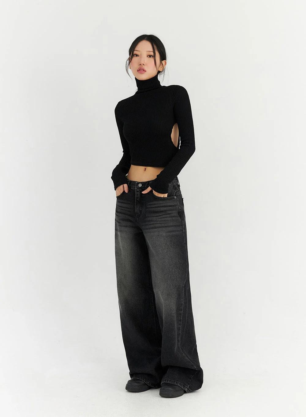 Back Slit Washed Wide Leg Jeans CN306 - Image 6