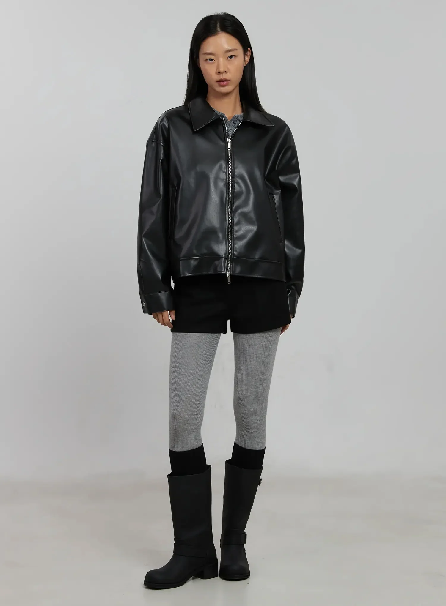 Basic Cropped Faux Leather Jacket IN507 - Image 7