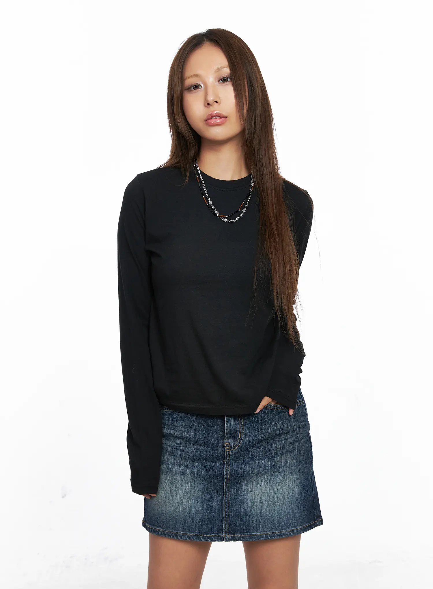 Basic Round Neck Cropped Long Sleeve Top CO513 - Image 9