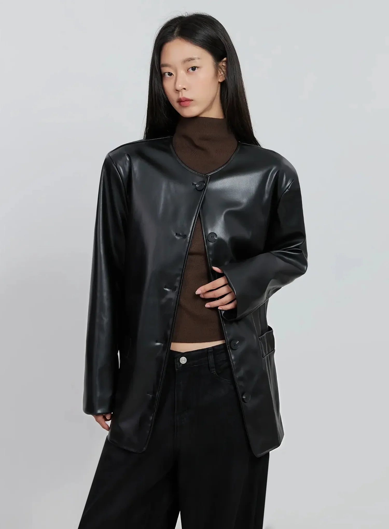 Black Faux Leather Jacket IO530
