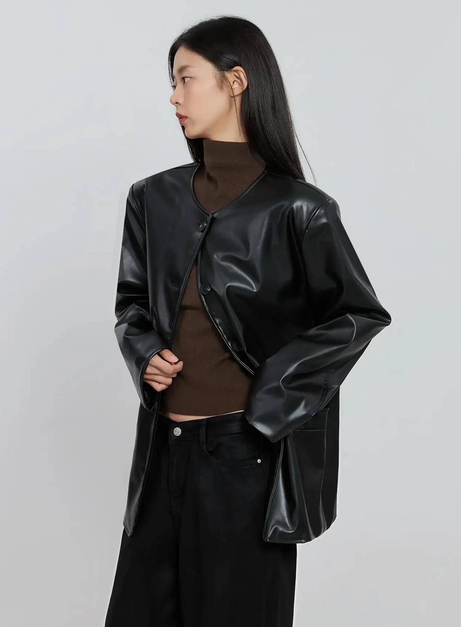 Black Faux Leather Jacket IO530 - Image 5