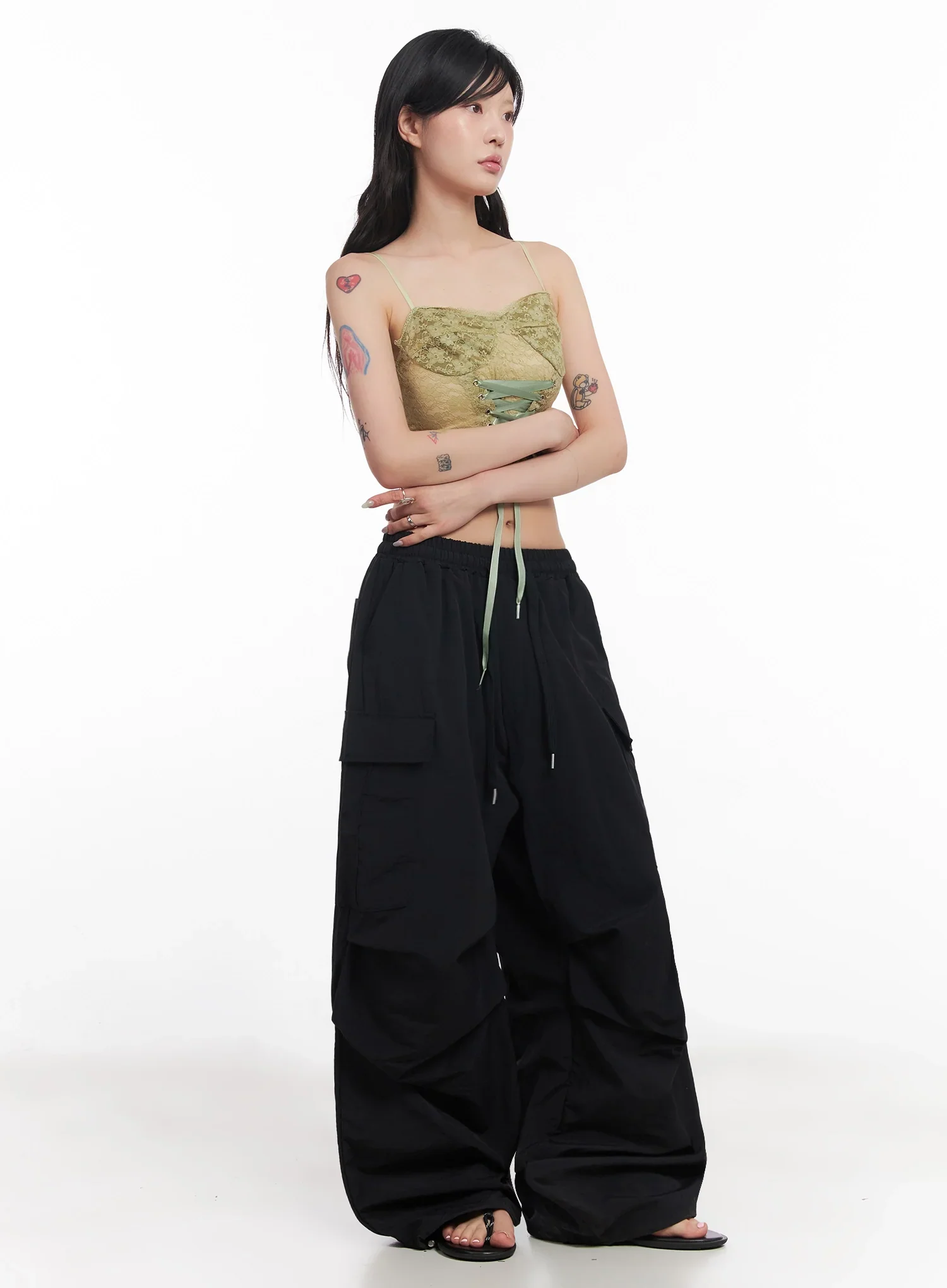 Black Utility Wide-Fit Cargo Pants IC503 - Image 2