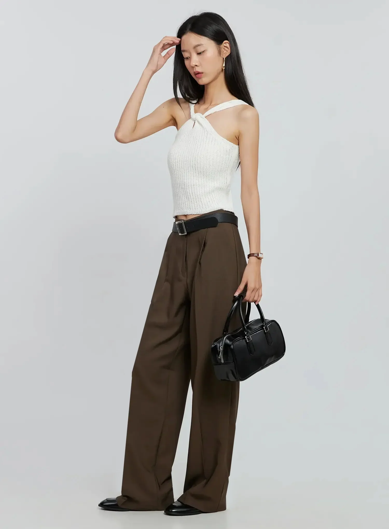 Brown Wide Leg Tailored Pants IO530 - Image 2