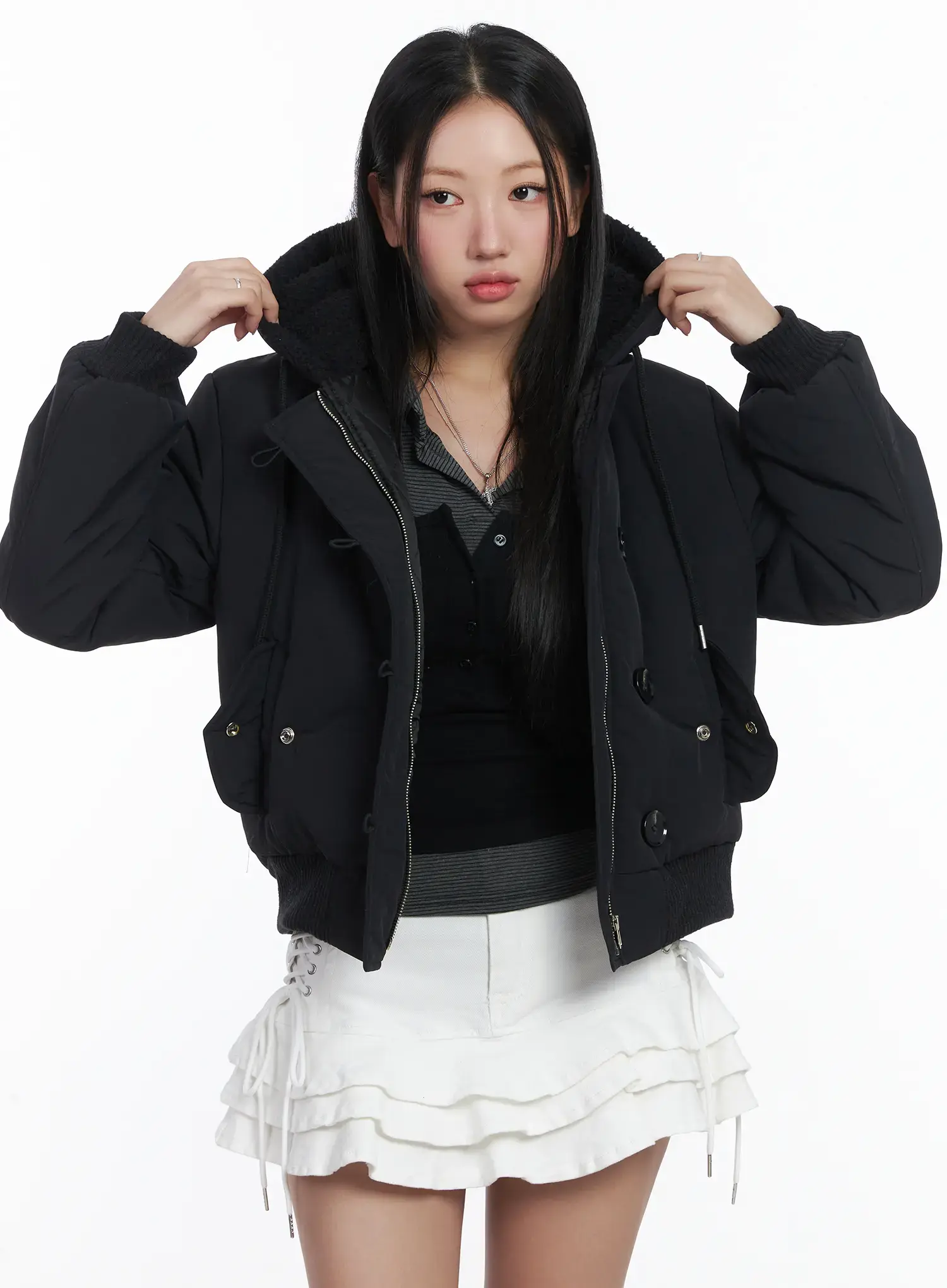 Button Faux Fur Crop Puffer Jacket CD529