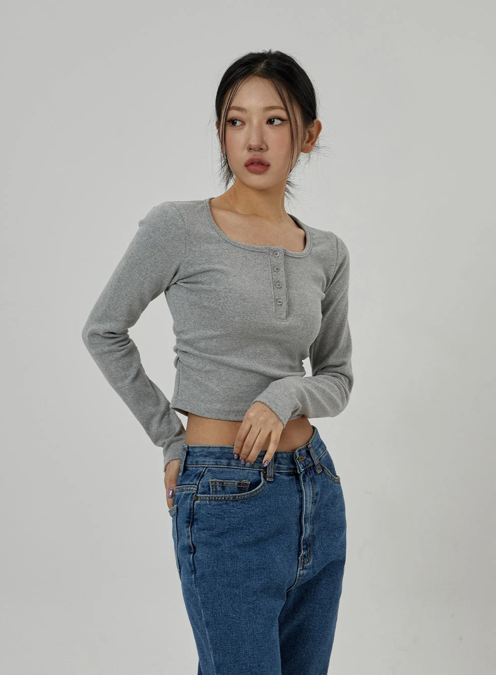 Button Neck Long Sleeve Cropped Top CD21 - Image 9