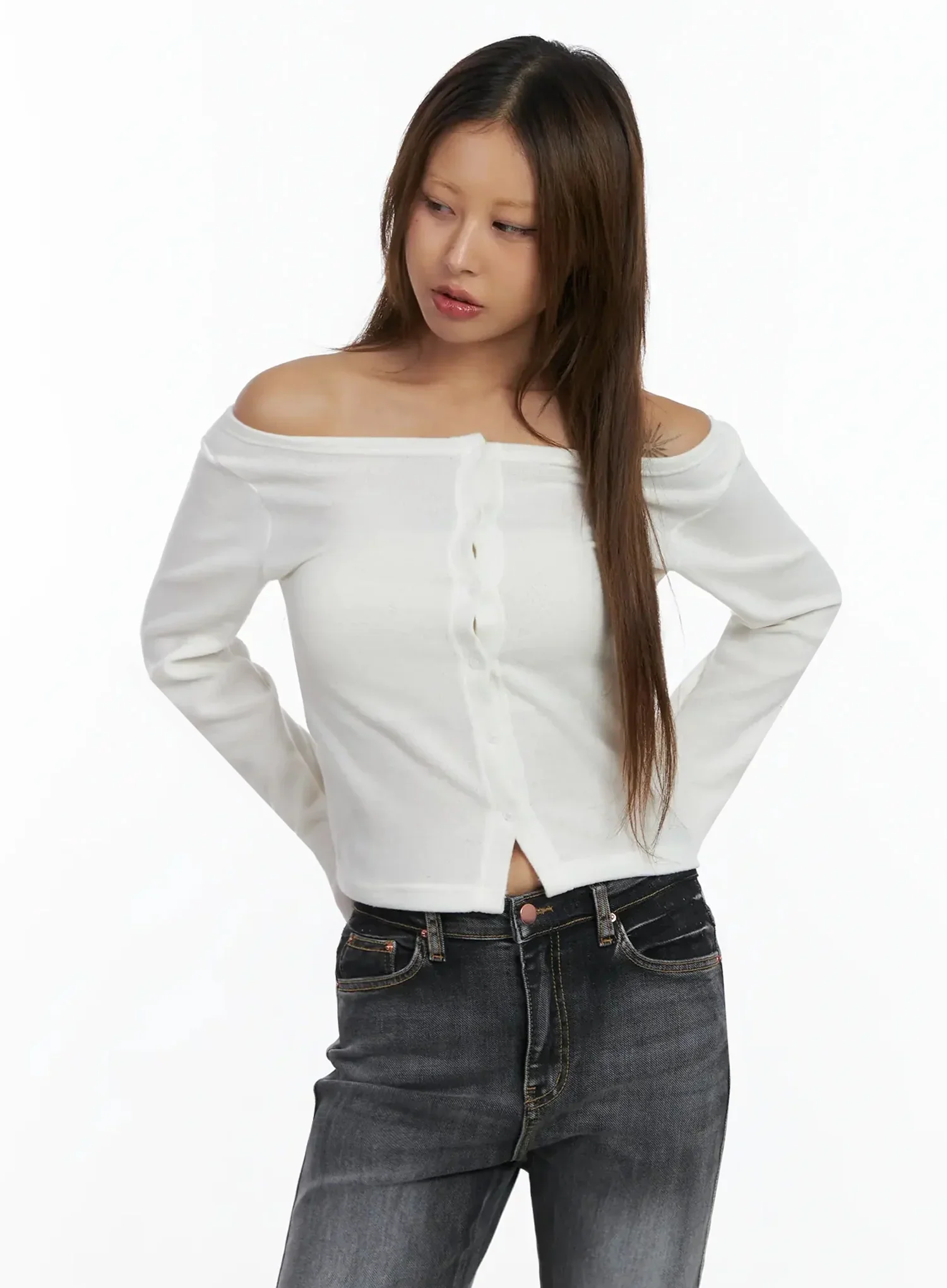 Button Off-Shoulder Cardigan ID503 - Image 13