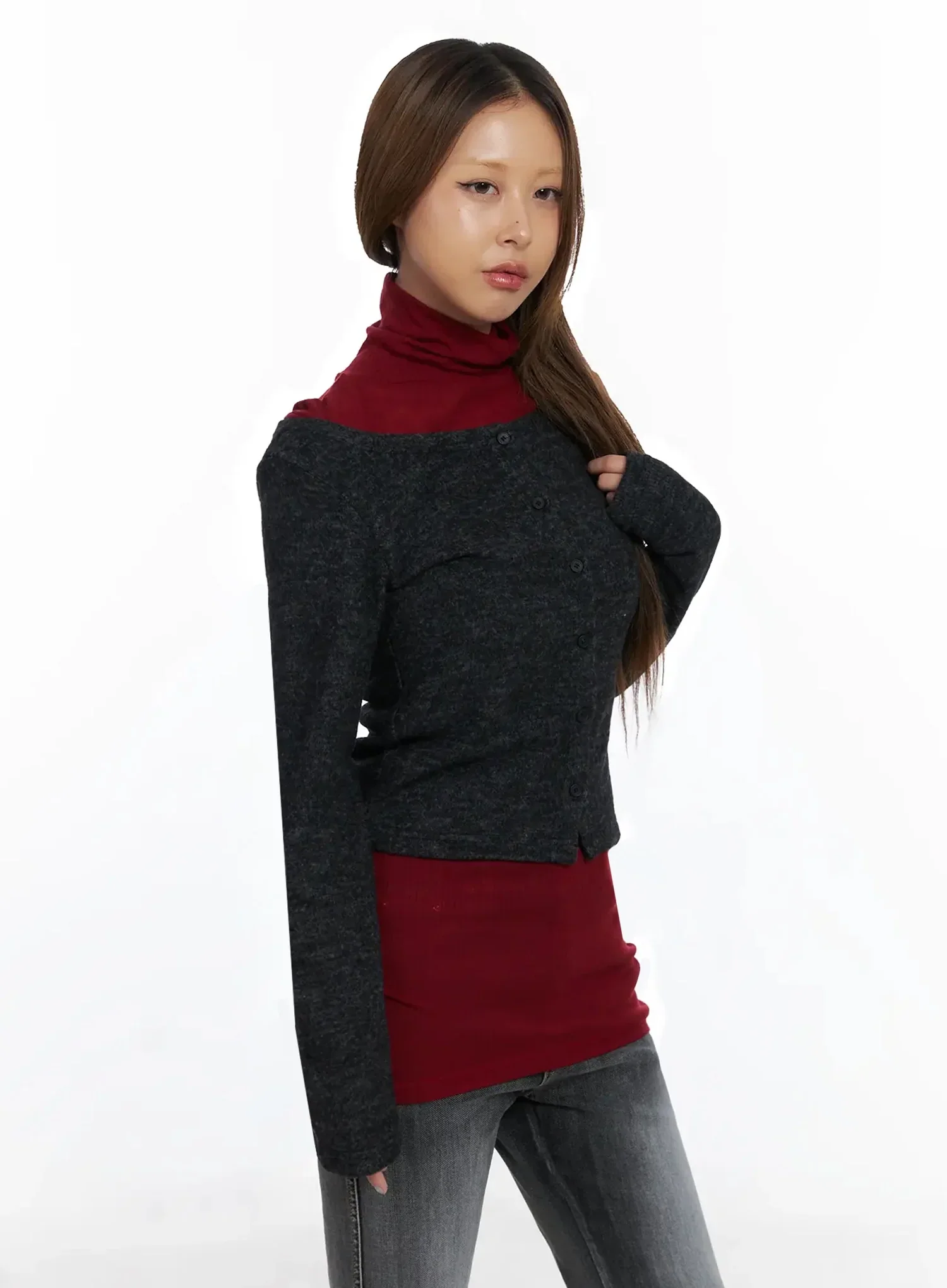 Button Off-Shoulder Cardigan ID503 - Image 8