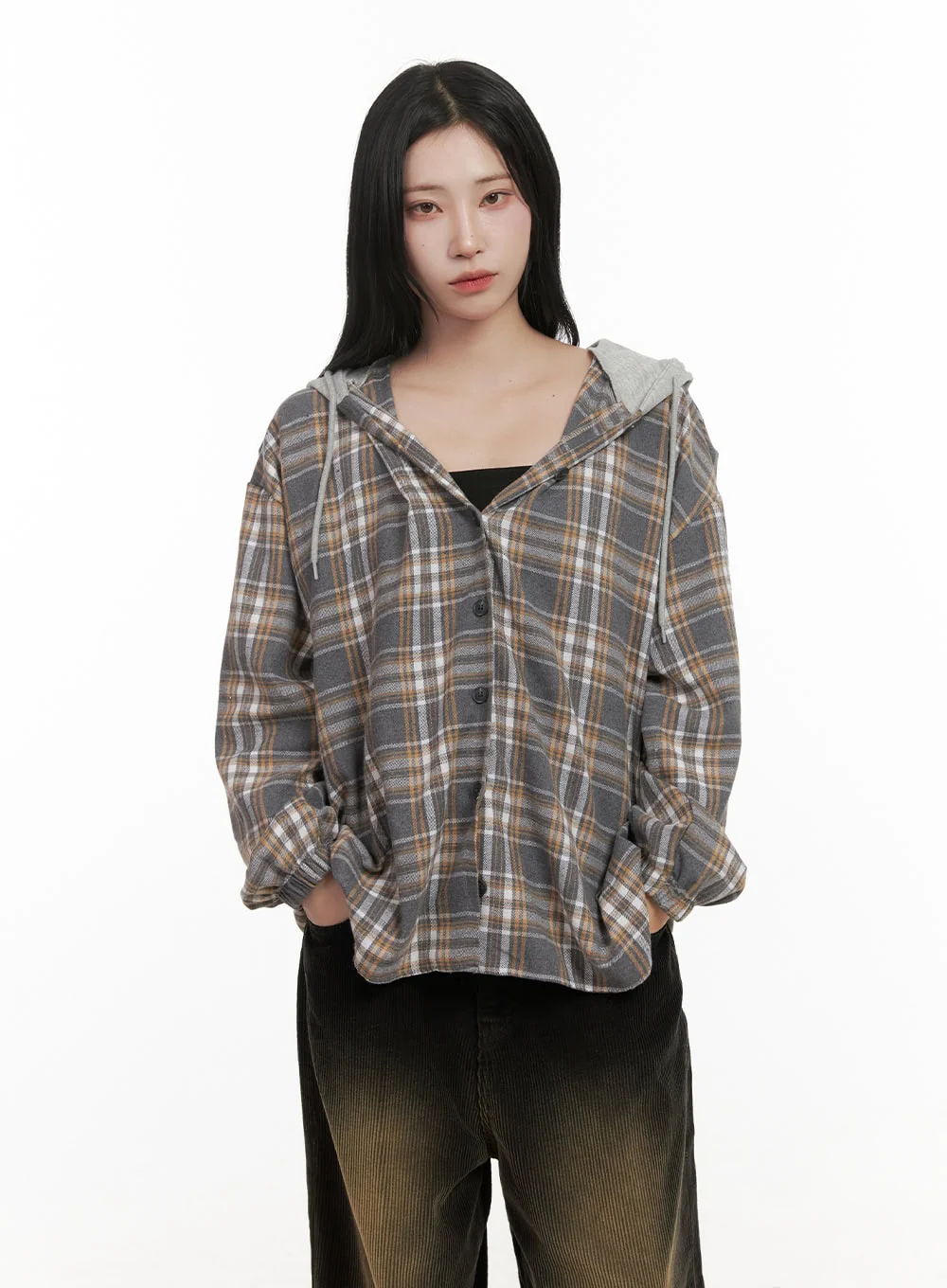 Buttoned Check Hooded Blouse CD410 - Image 10