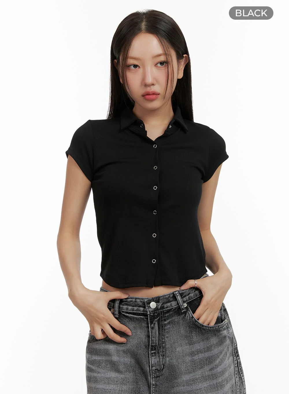 Buttoned Collar Crop Tee CU405 - Image 5