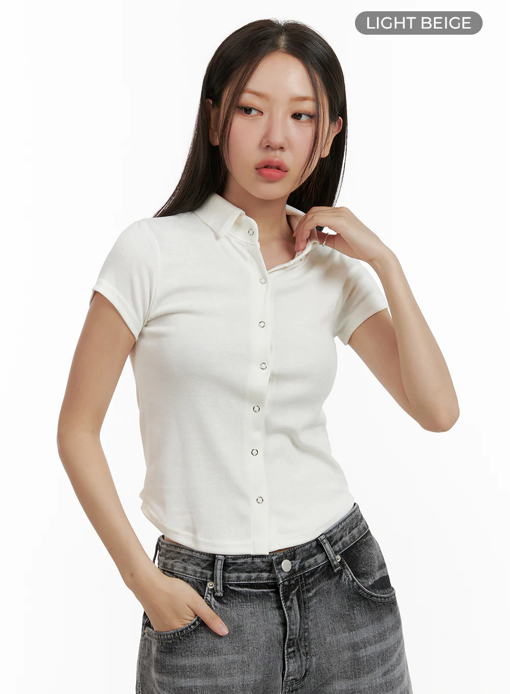 Buttoned Collar Crop Tee CU405 - Image 6