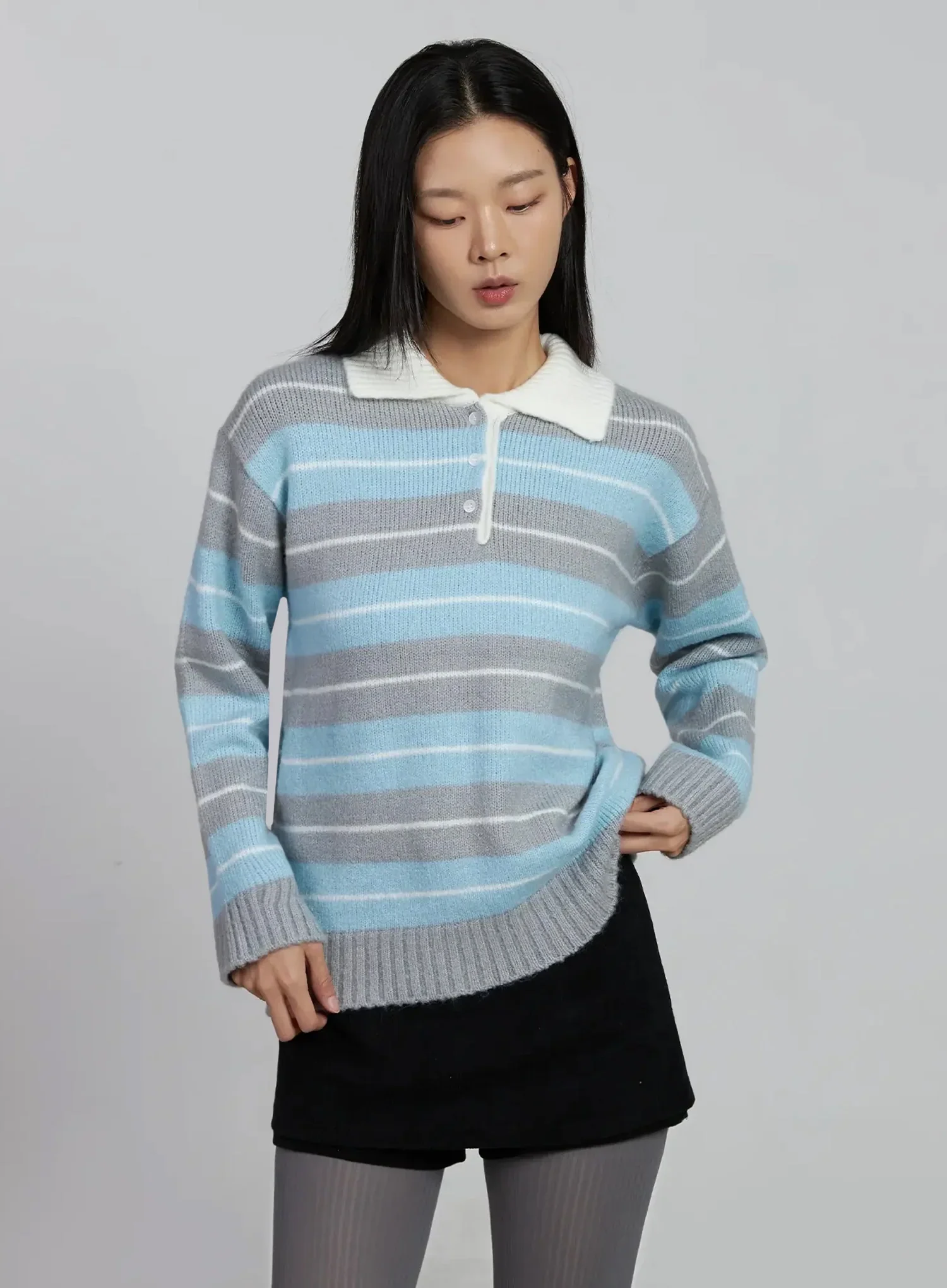 Buttoned Collar Striped Knit Sweater IM520 - Image 3