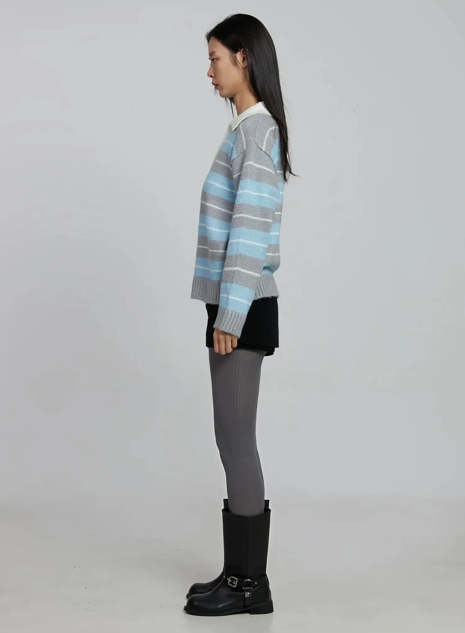 Buttoned Collar Striped Knit Sweater IM520 - Image 7