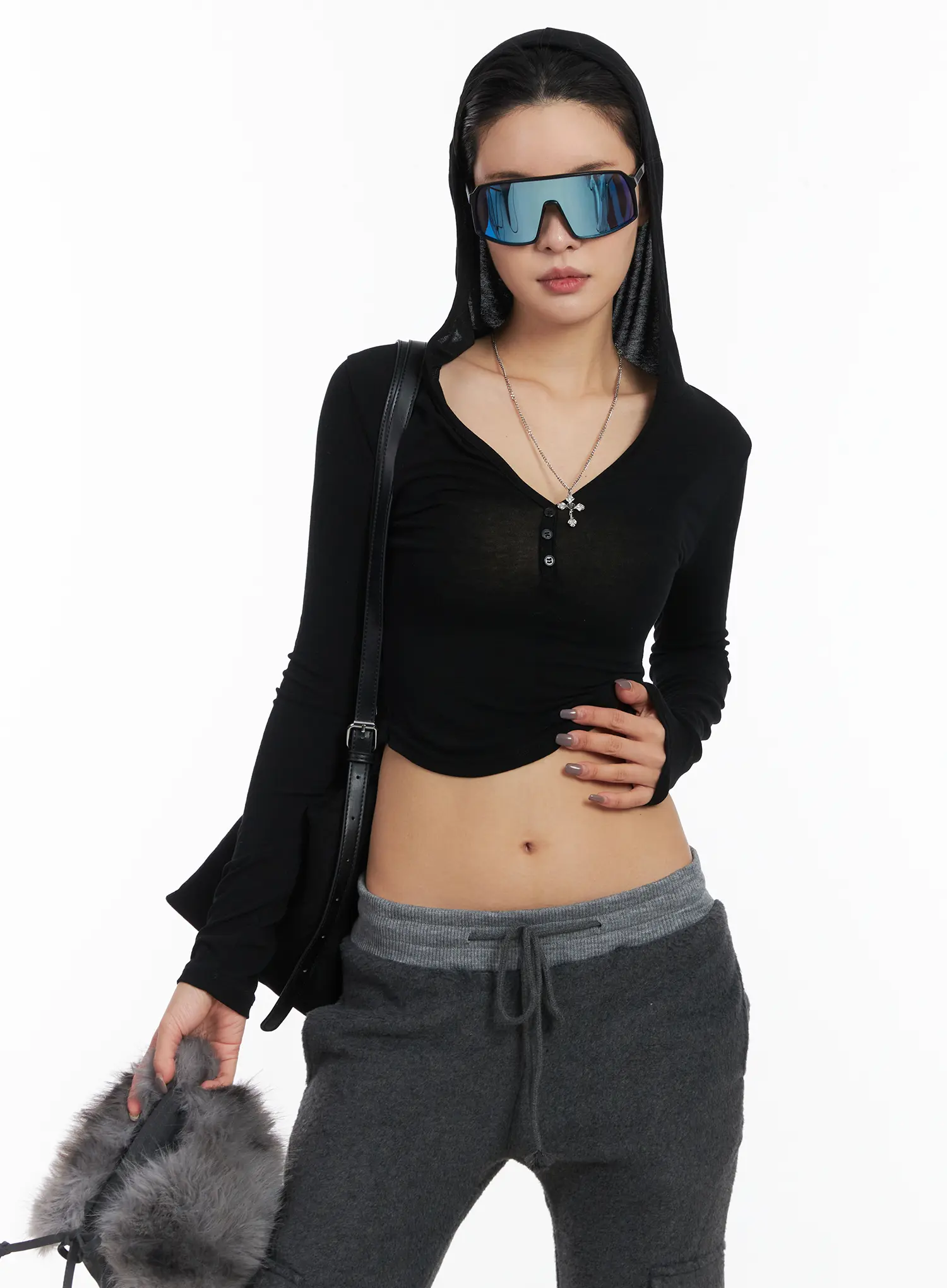 Buttoned Hooded Long Sleeve Crop Top CD509