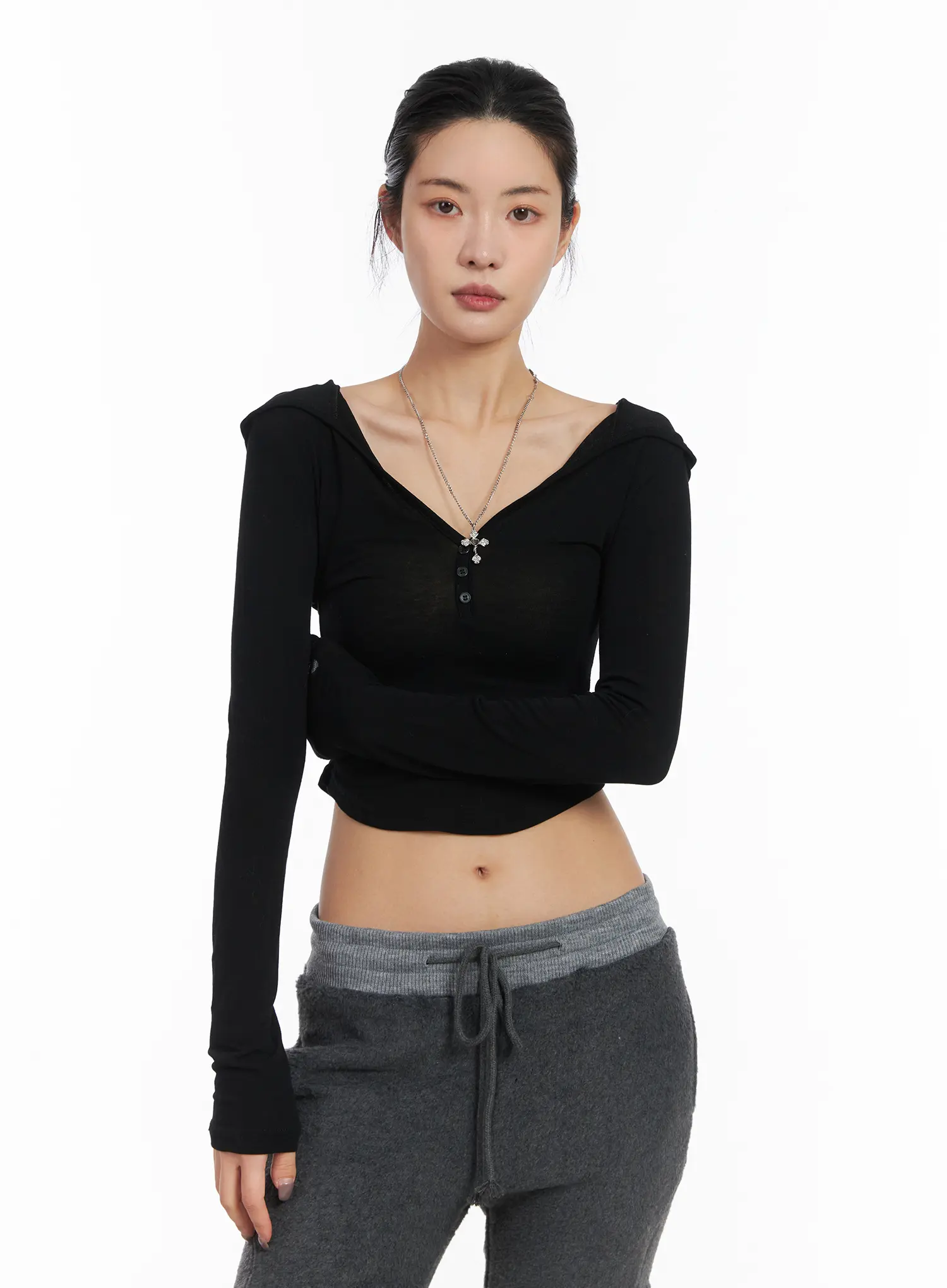Buttoned Hooded Long Sleeve Crop Top CD509 - Image 2