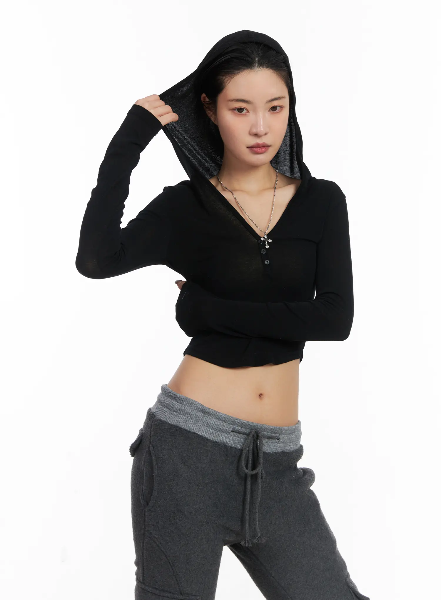 Buttoned Hooded Long Sleeve Crop Top CD509 - Image 4