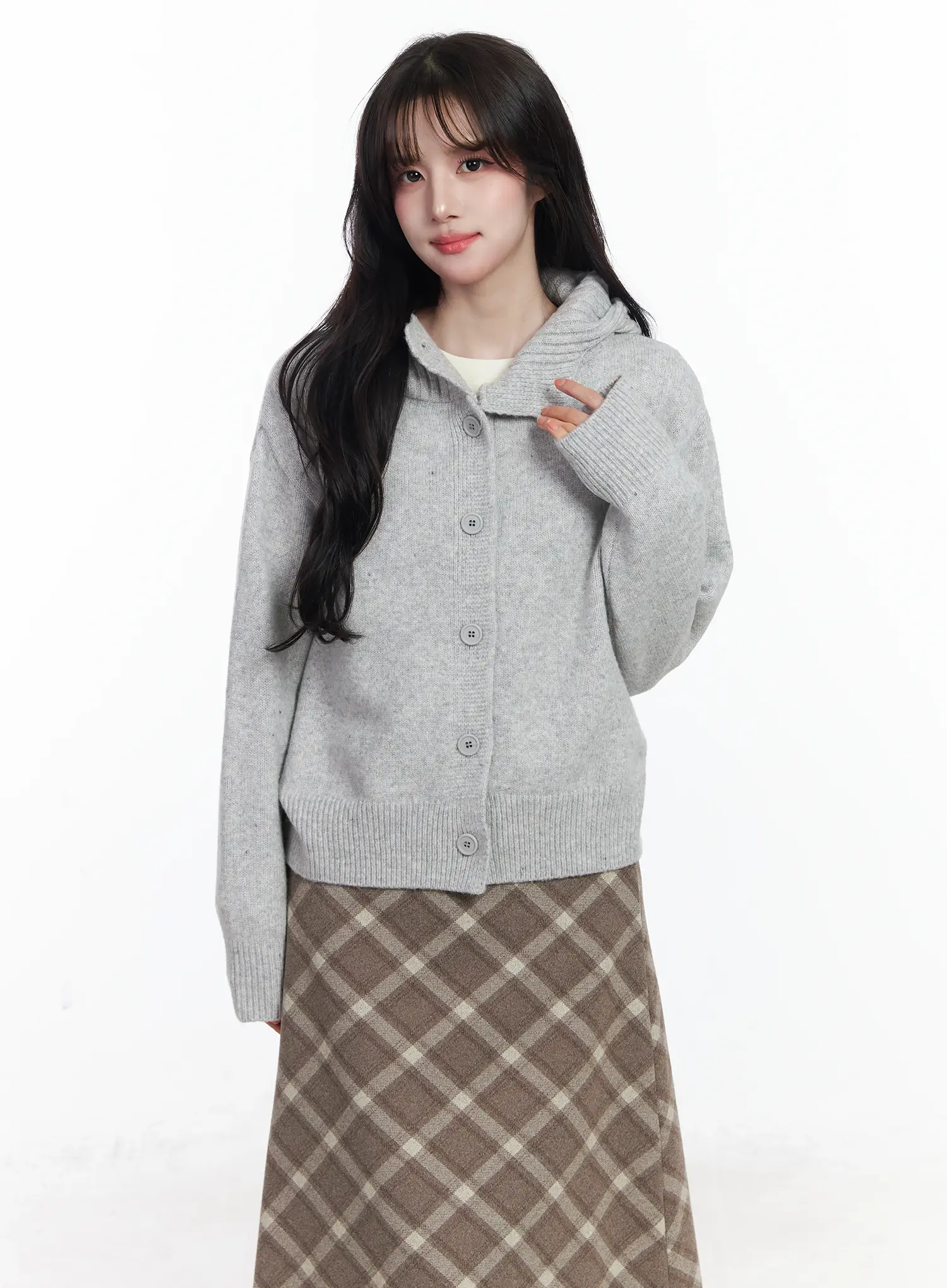 Buttoned Knit Hoodie IJ529 - Image 11