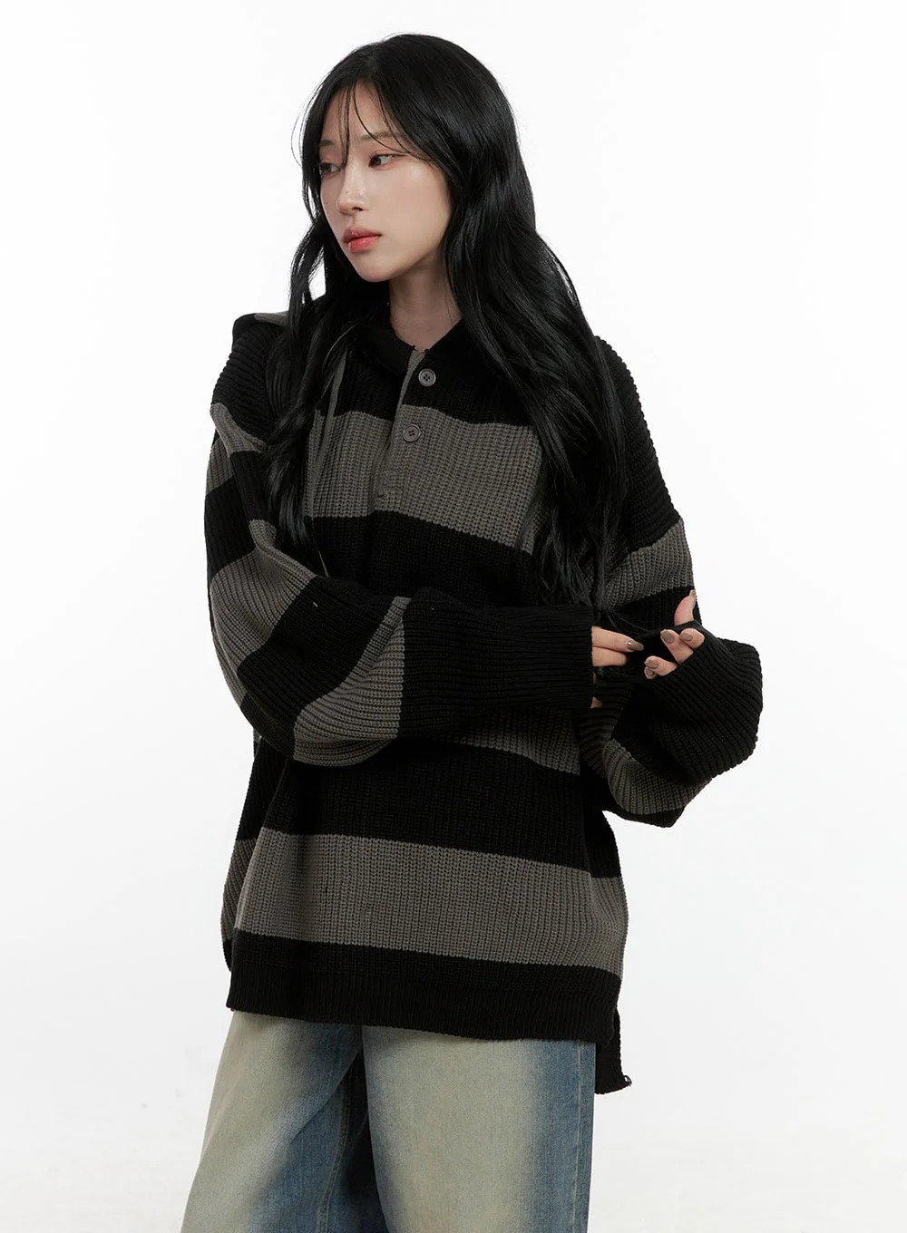 Buttoned Stripe Hoodie Sweater CN408 - Image 10