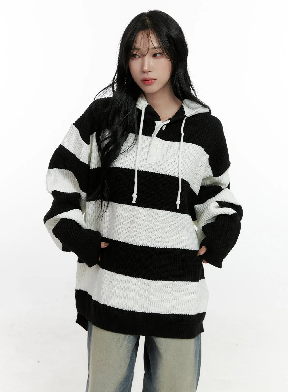 Buttoned Stripe Hoodie Sweater CN408 - Image 9