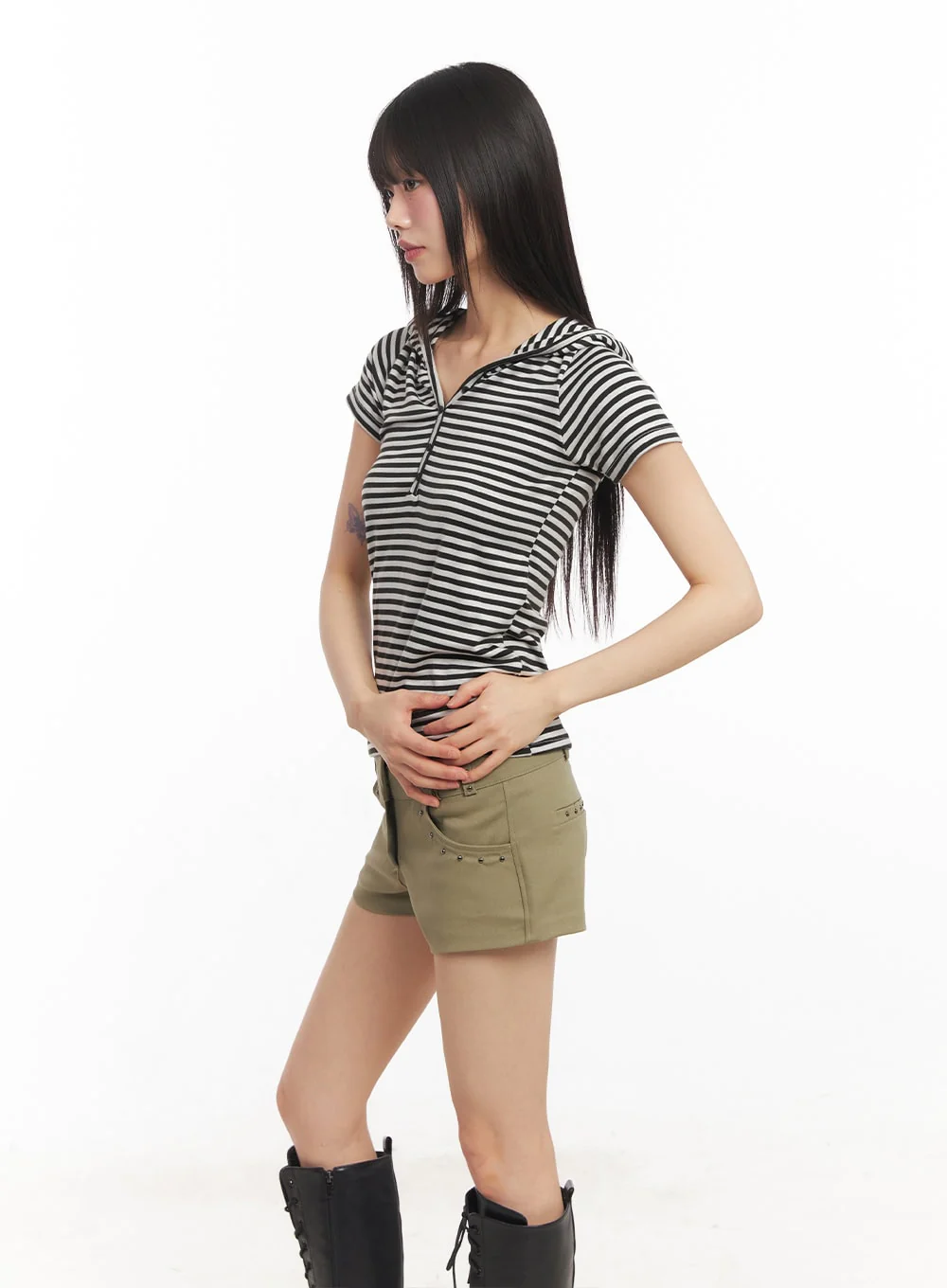 Buttoned Striped Hooded T-Shirt CA523 - Image 3