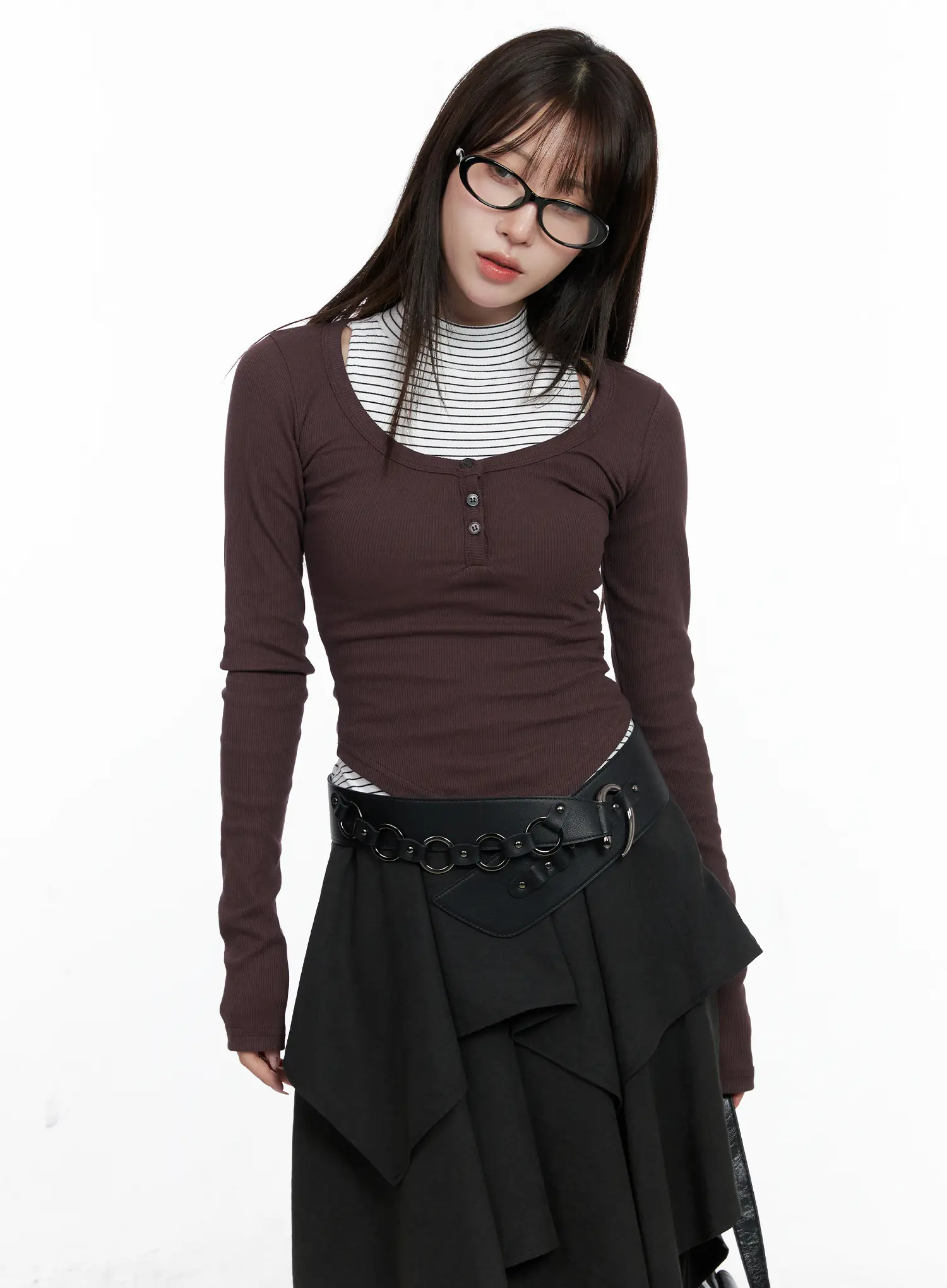 Buttoned U-neck Crop Long Sleeve Top CO521