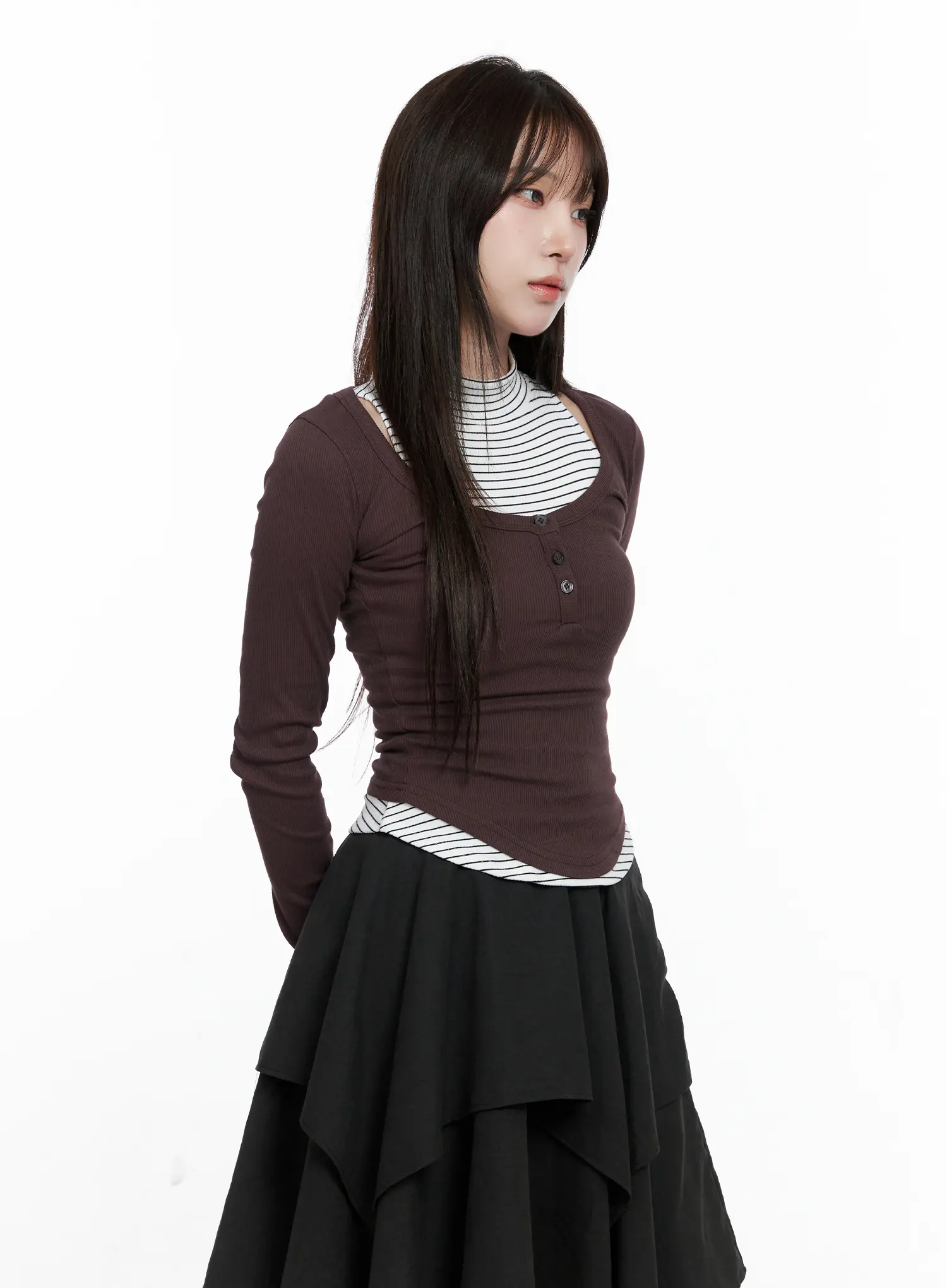 Buttoned U-neck Crop Long Sleeve Top CO521 - Image 6