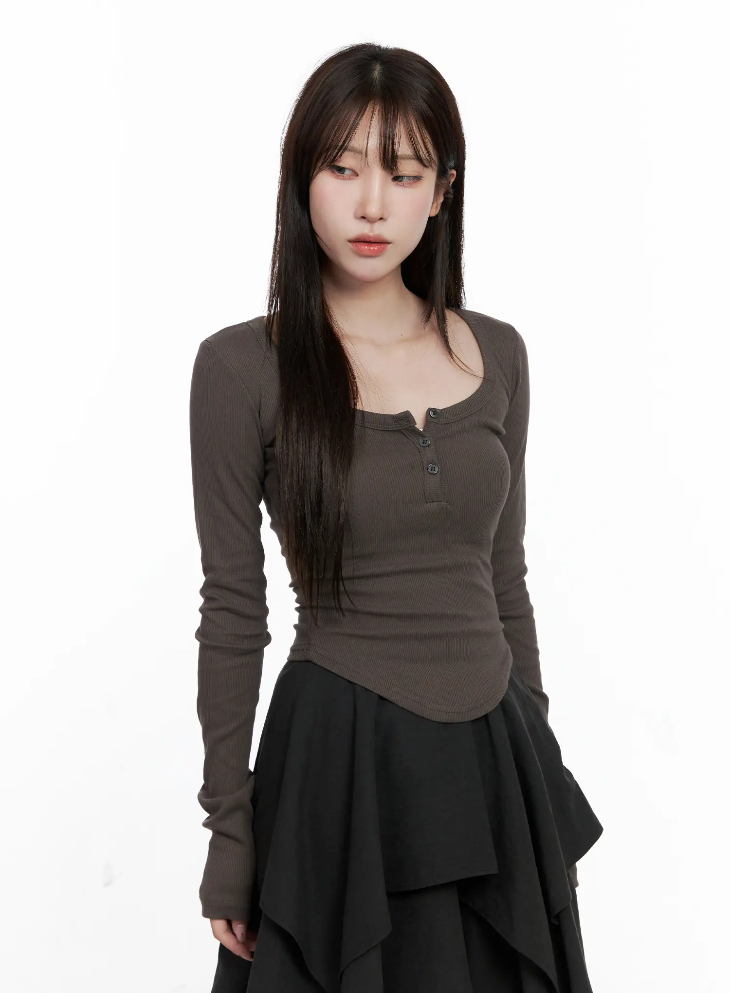 Buttoned U-neck Crop Long Sleeve Top CO521 - Image 9