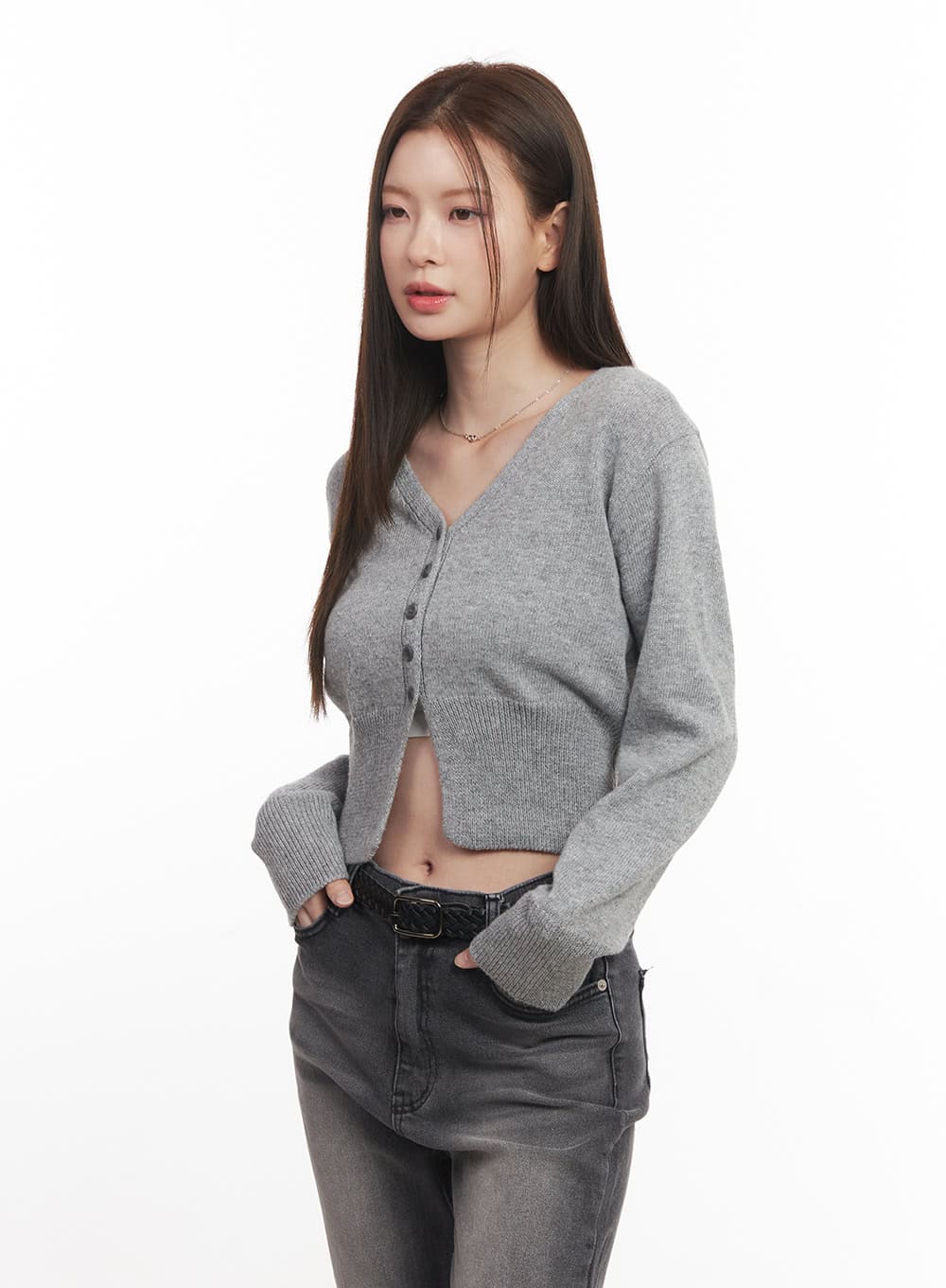 Buttoned V-Neck Cropped Cardigan CA502 - Image 3