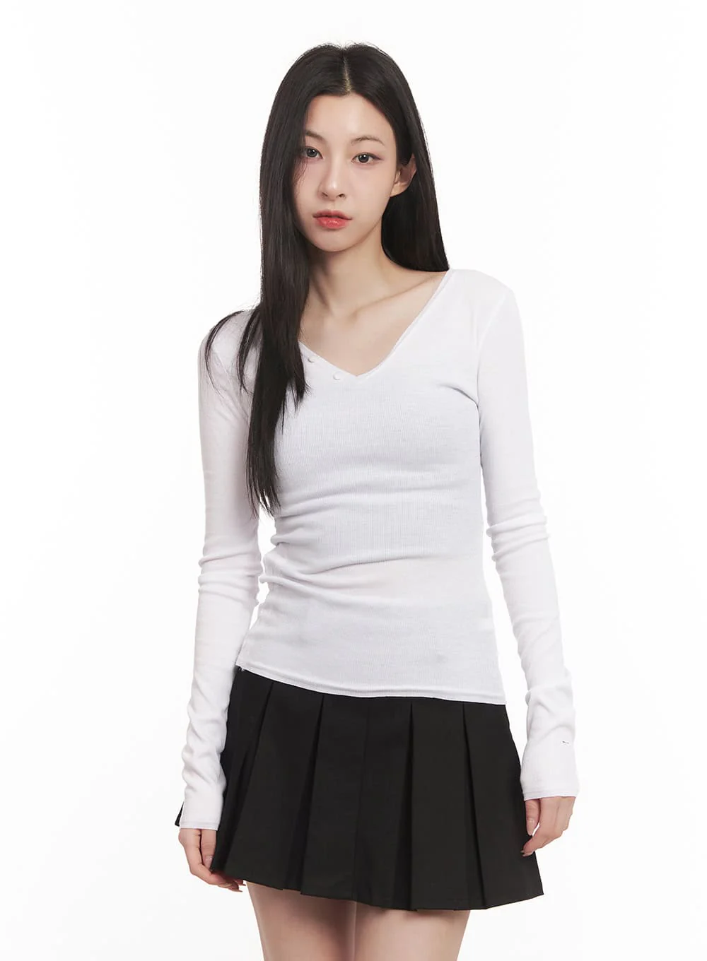 Buttoned V-Neck Long-Sleeve Top CM518 - Image 11
