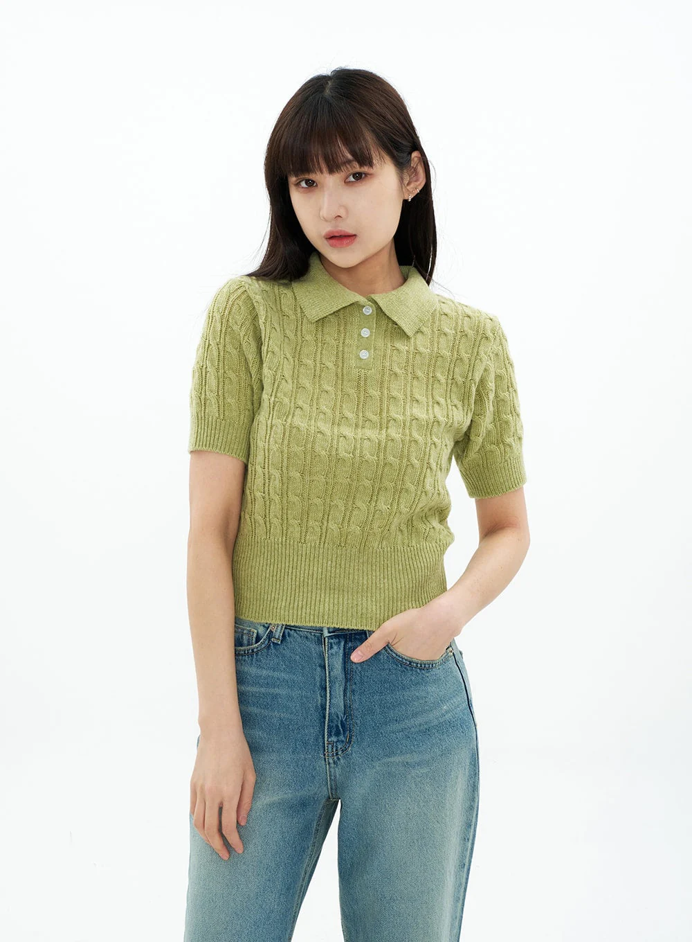Cable Knit Collared Short-sleeve Sweater CA01 - Image 2